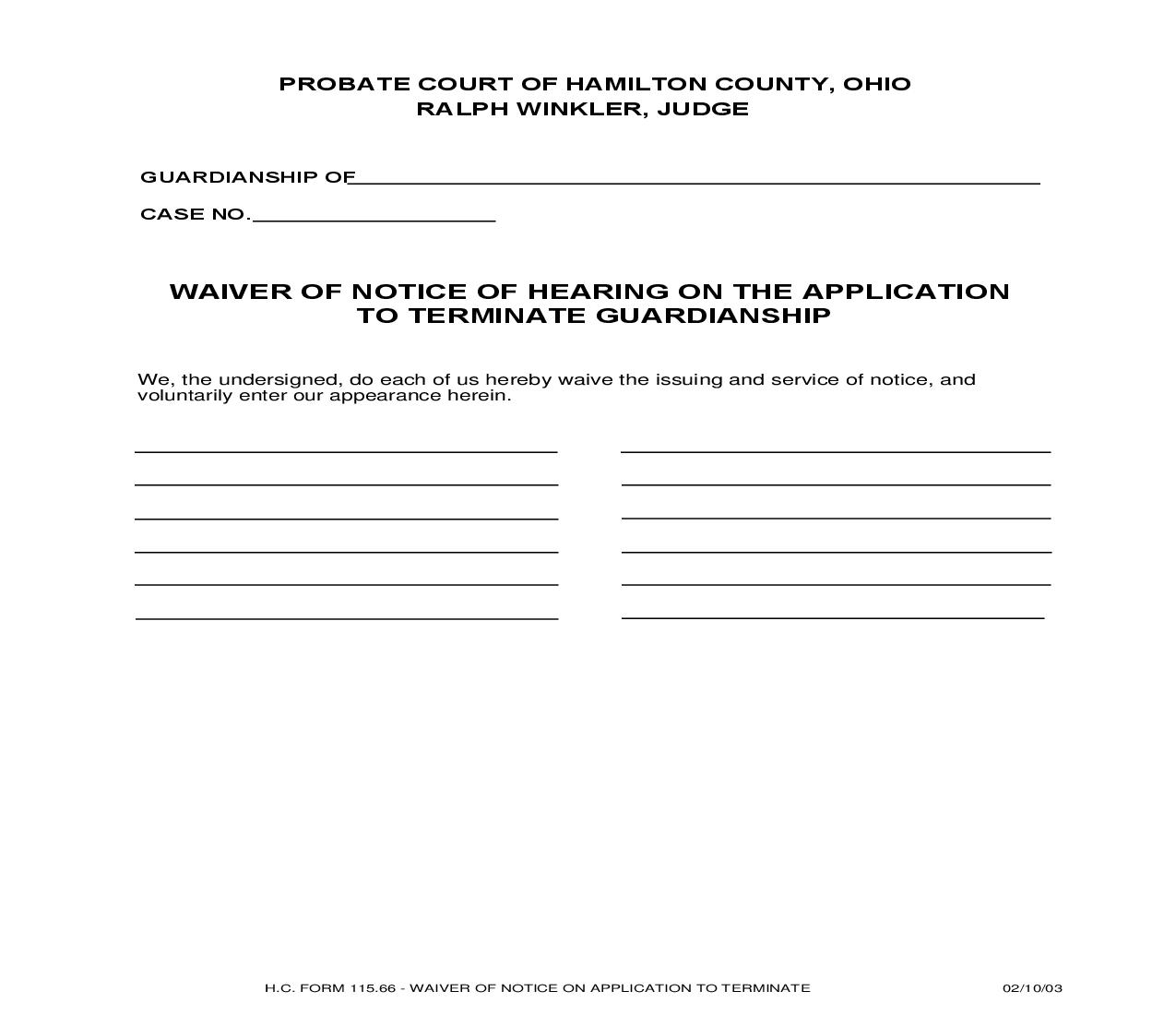 Waiver Of Notice Of Hearing On The Application To Terminate Guardianship {115.66} | Pdf Fpdf Doc Docx | Ohio