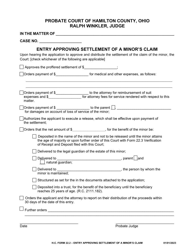 Entry Approving Settlement Of A Minors Claim {22.2} | Pdf Fpdf Doc Docx | Ohio