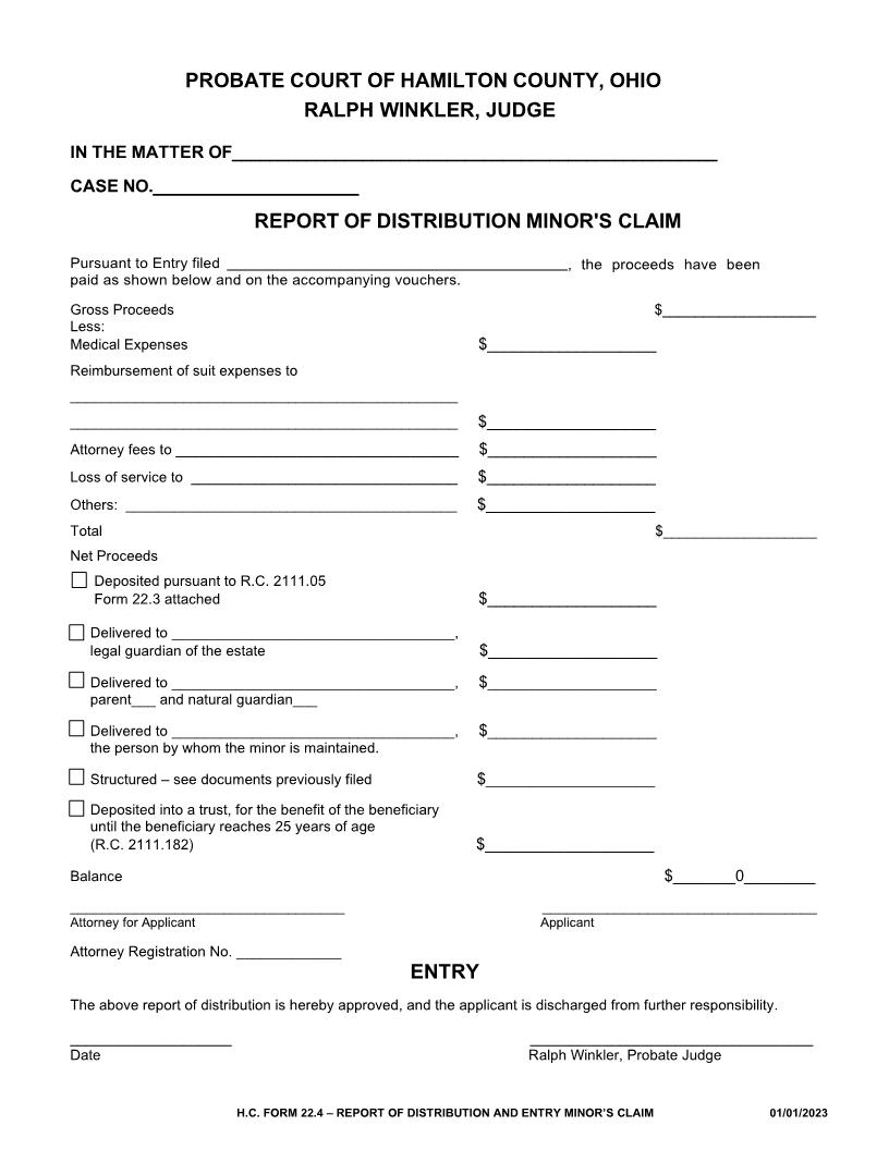 Report Of Distribution Minors Claim {22.4} | Pdf Fpdf Doc Docx | Ohio