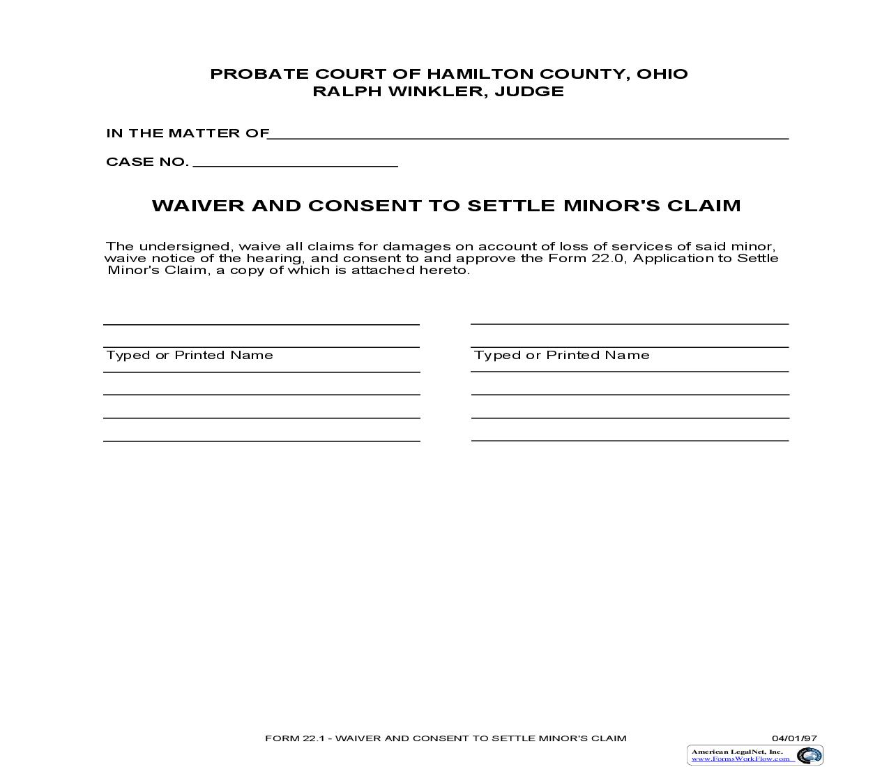 Waiver And Consent To Settle Minors Claim {22.1} | Pdf Fpdf Doc Docx | Ohio