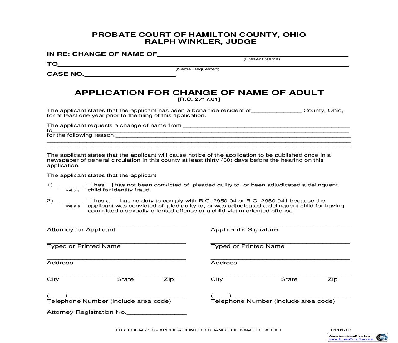 Application For Change Of Name Of Adult {21.0} | Pdf Fpdf Doc Docx | Ohio