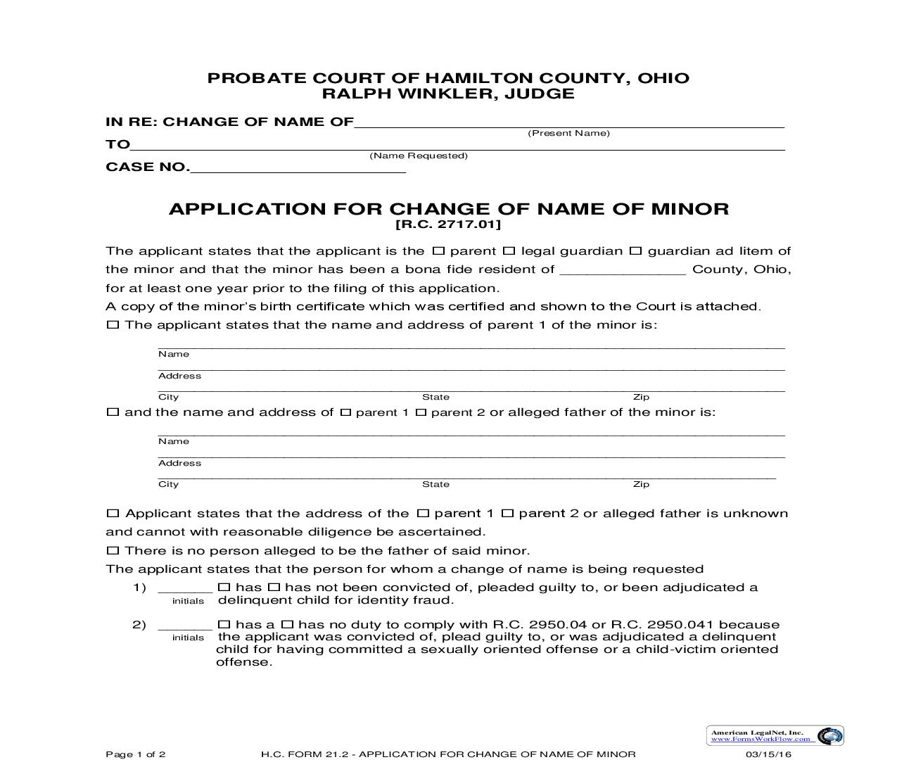 Application For Change Of Name Of Minor {21.2} | Pdf Fpdf Doc Docx | Ohio