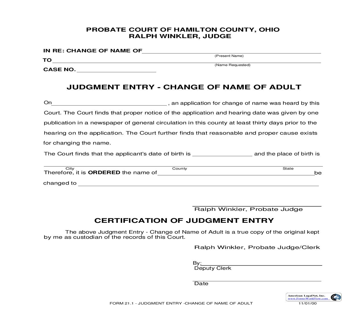 Judgment Entry Change of Name of Adult {21.1} | Pdf Fpdf Doc Docx | Ohio
