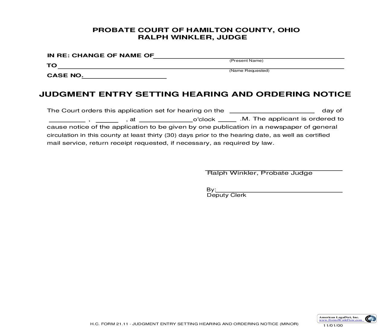 Judgment Entry Setting Hearing And Ordering Notice (Minor) {21.11} | Pdf Fpdf Doc Docx | Ohio