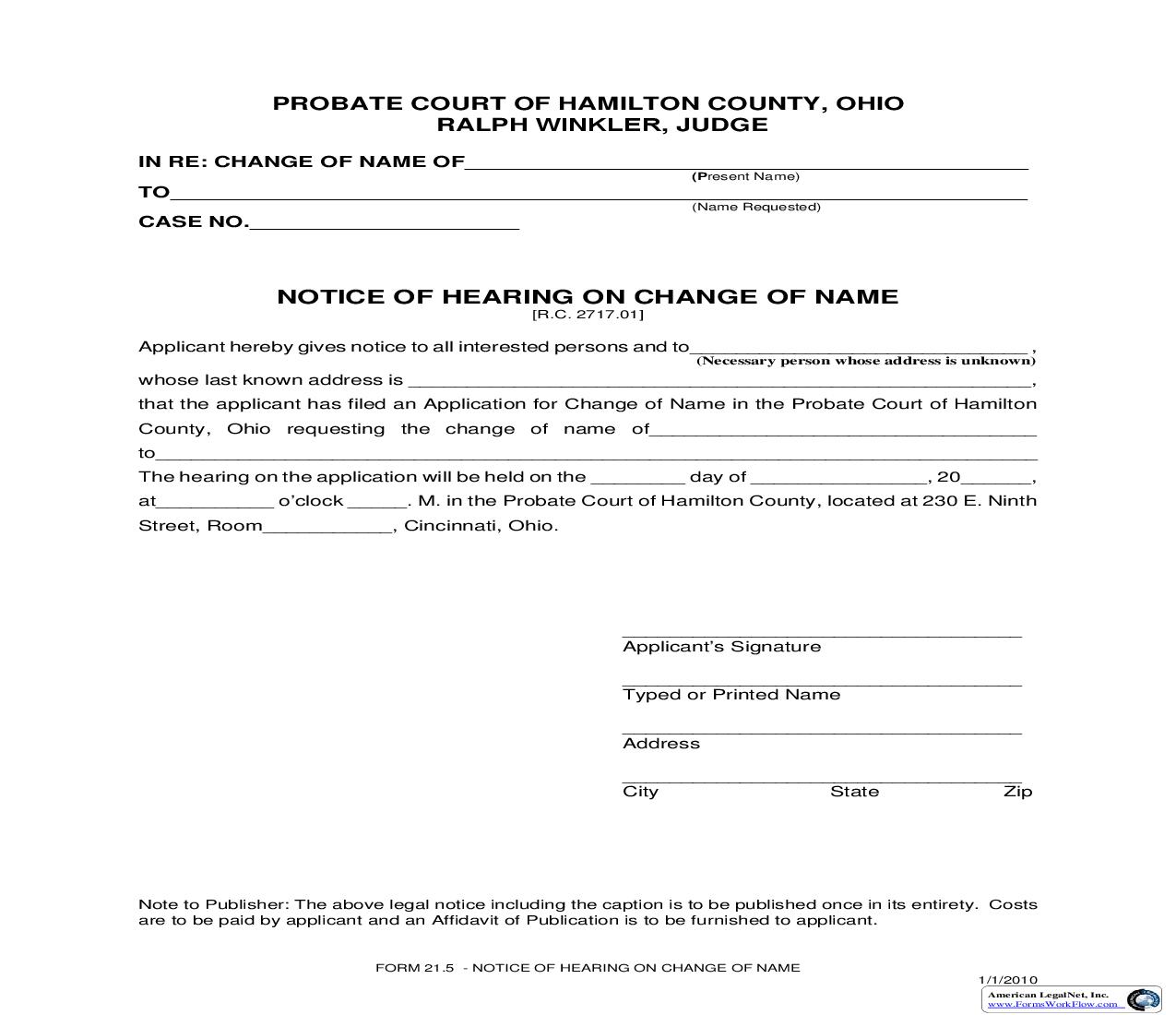 Notice Of Hearing On Change Of Name {21.5} | Pdf Fpdf Doc Docx | Ohio