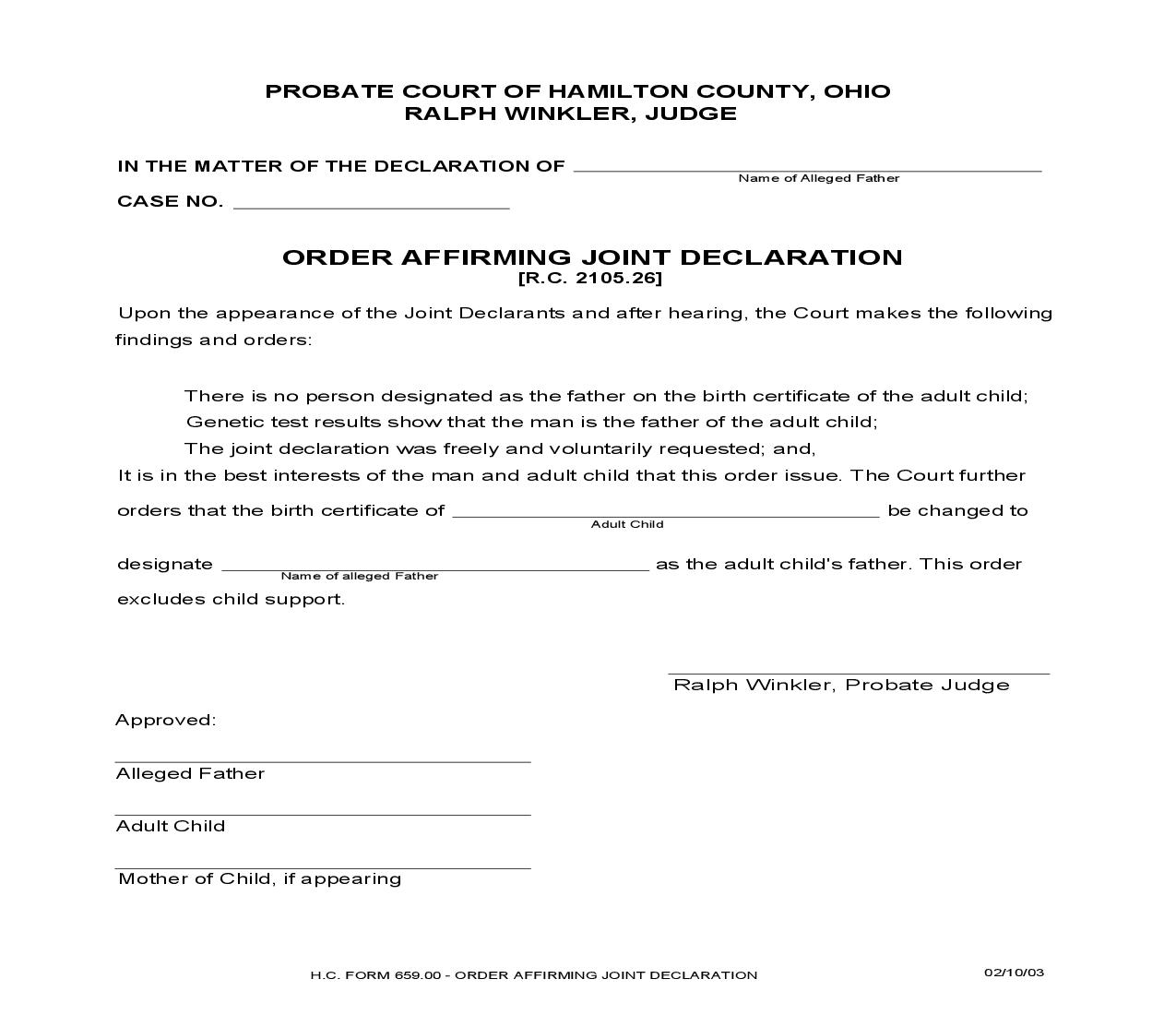 Order Affirming Joint Declaration {659.00} | Pdf Fpdf Doc Docx | Ohio