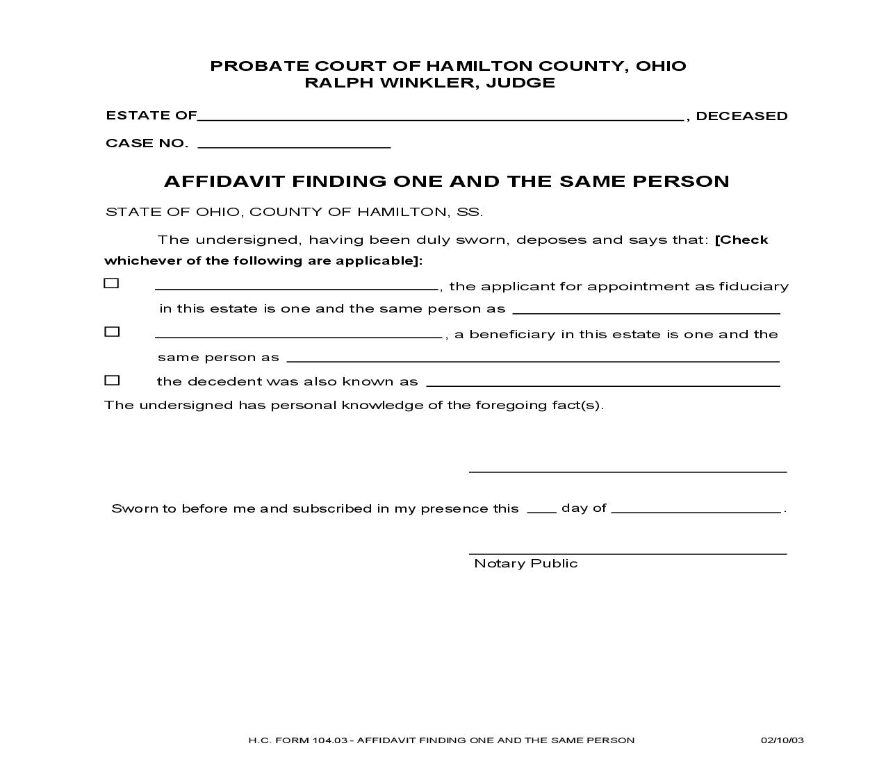 Affidavit Finding One And The Same Person {104.03} | Pdf Fpdf Doc Docx | Ohio