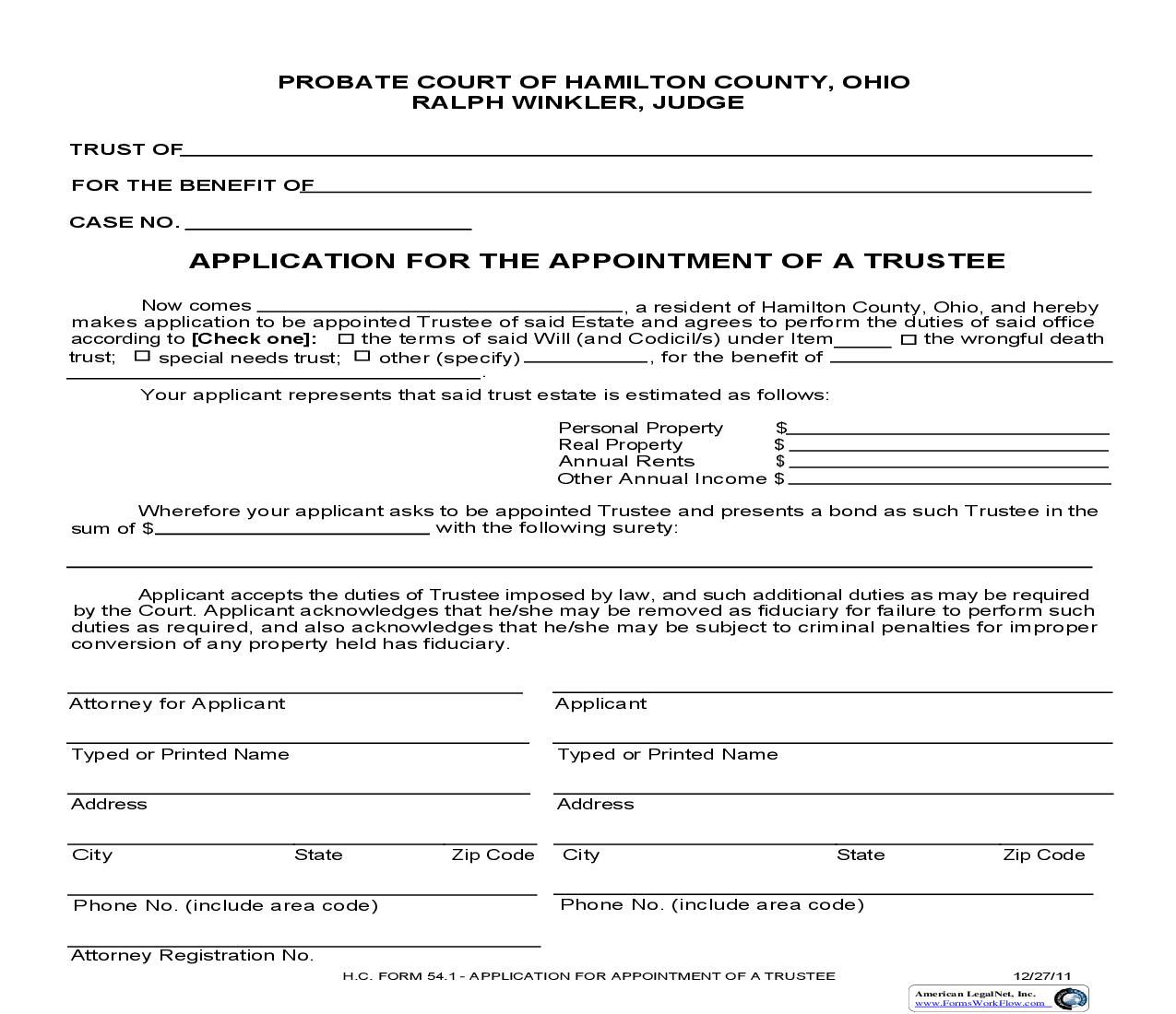 Application For The Appointment Of A Trustee {54.1} | Pdf Fpdf Doc Docx | Ohio