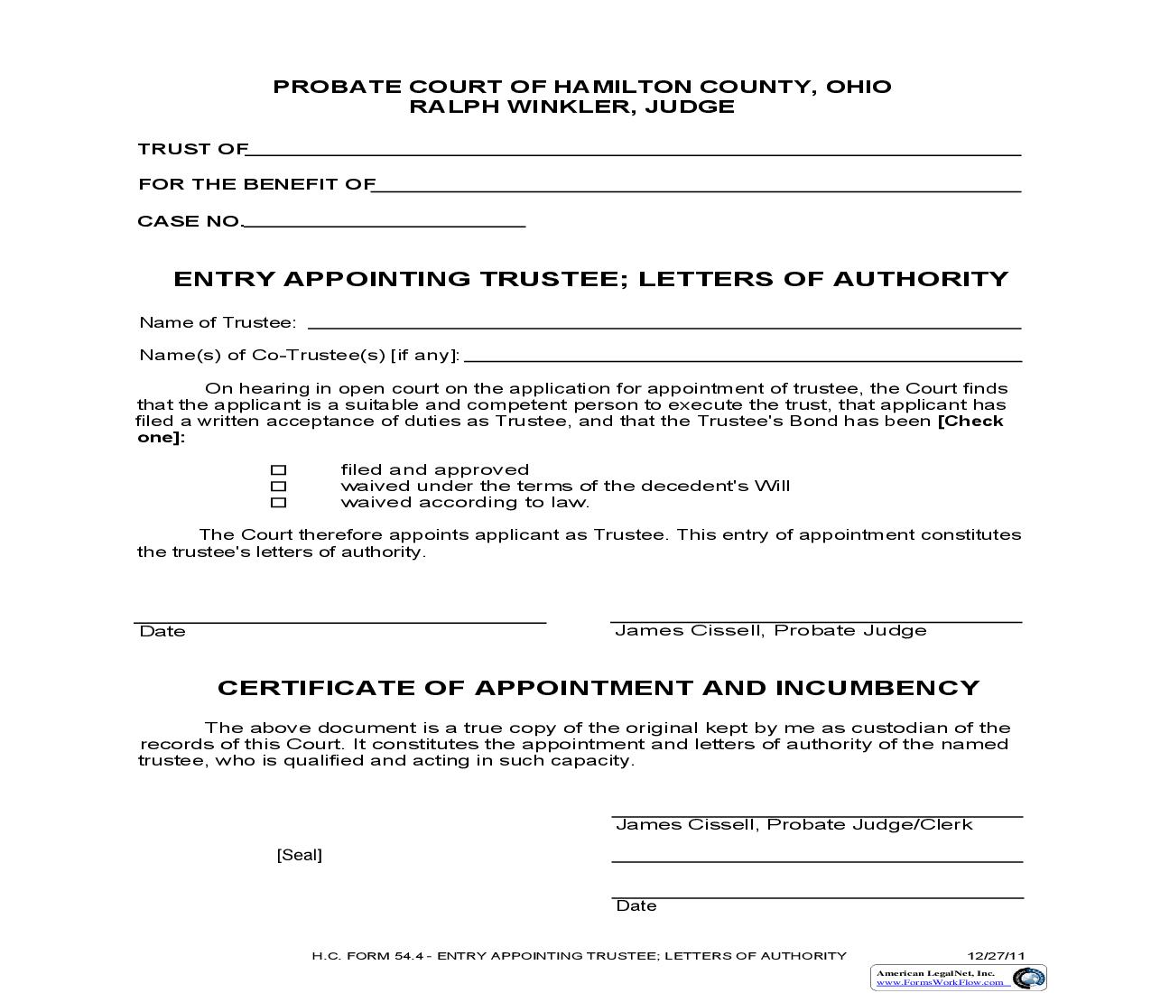 Entry Appointing Trustee Letters Of Authority {54.4} | Pdf Fpdf Doc Docx | Ohio