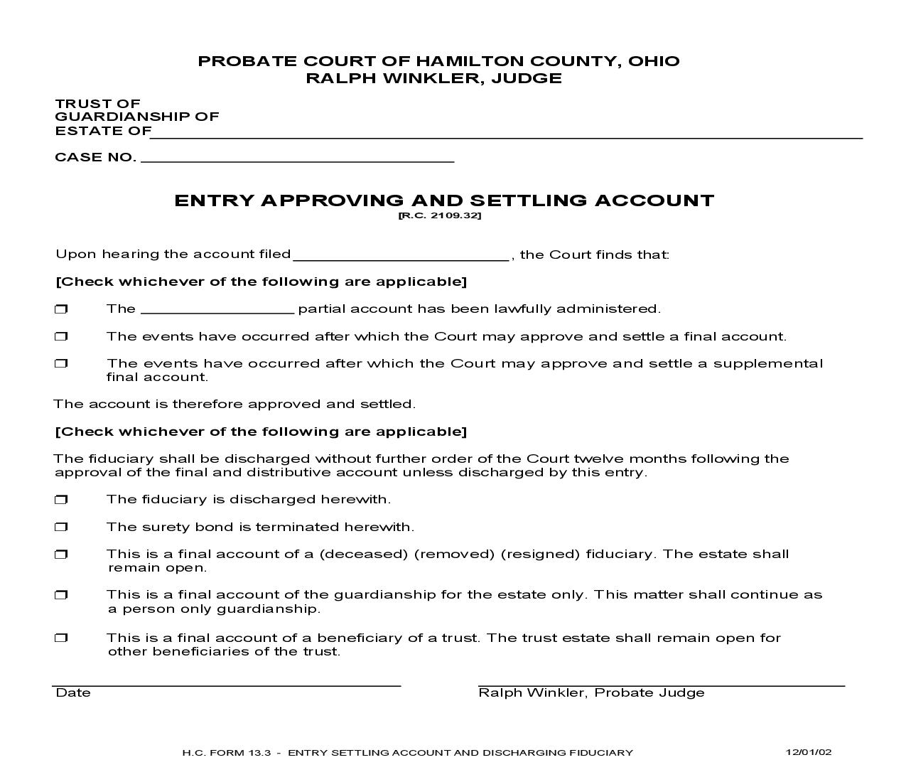 Entry Approving And Settling Account {13.3} | Pdf Fpdf Doc Docx | Ohio