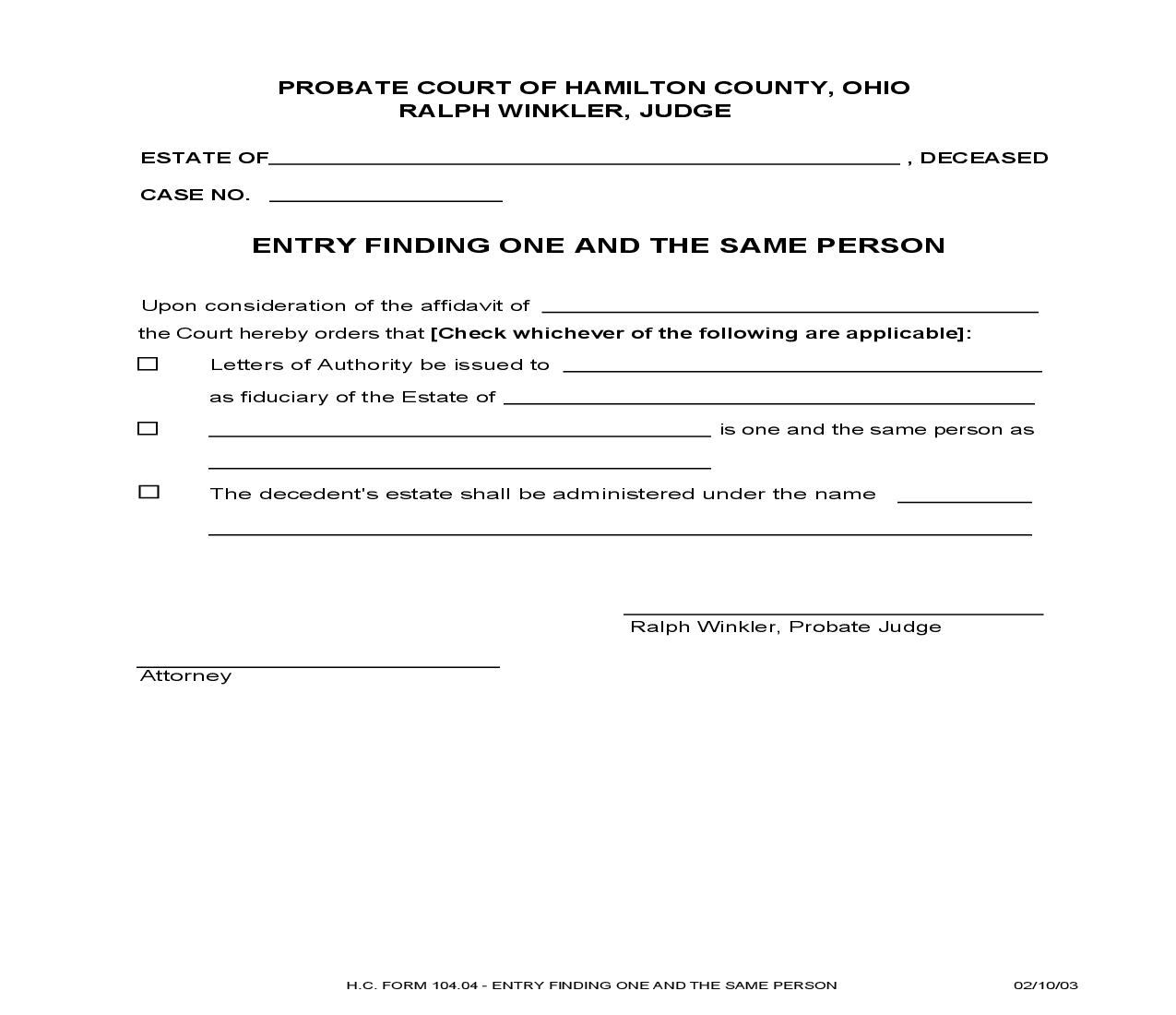 Entry Finding One And The Same Person {104.04} | Pdf Fpdf Doc Docx | Ohio