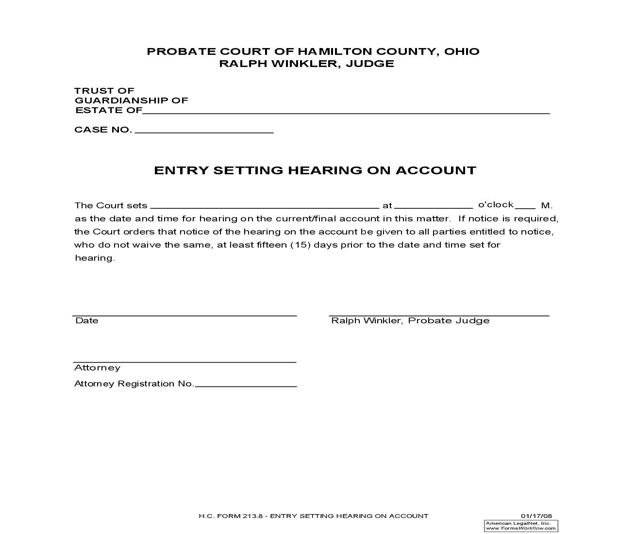 Entry Setting Hearing On Account {213.80} | Pdf Fpdf Doc Docx | Ohio