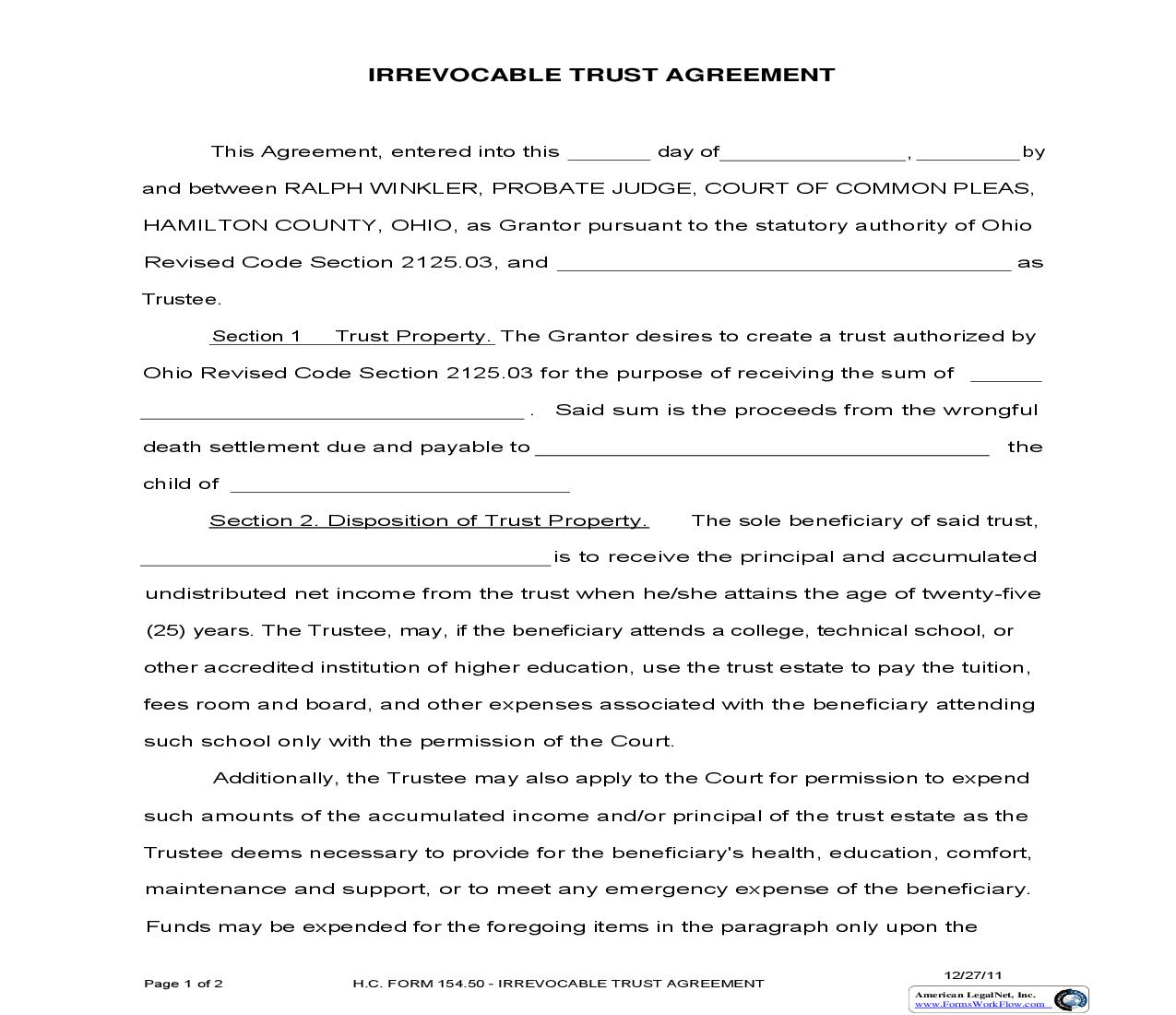 Irrevocable Trust Agreement {154.50} | Pdf Fpdf Doc Docx | Ohio
