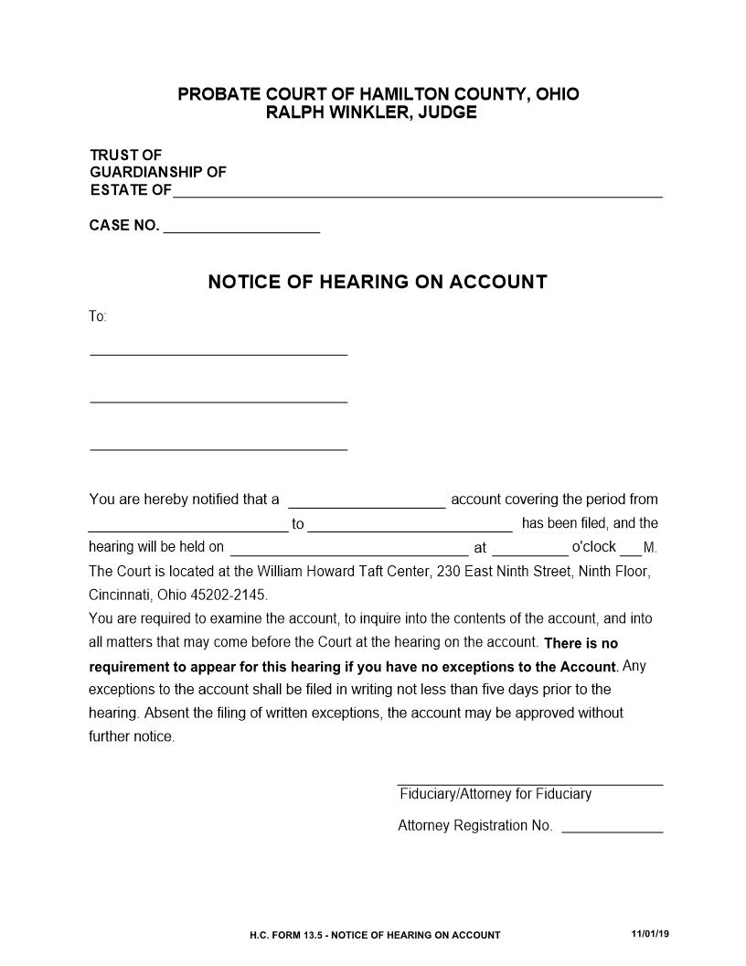 Notice Of Hearing On Account {13.5} | Pdf Fpdf Doc Docx | Ohio