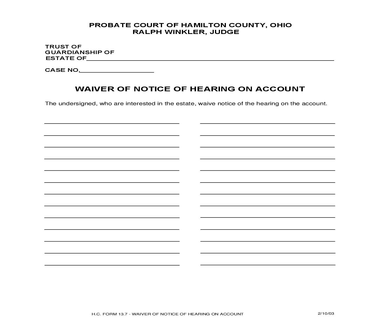 Waiver Of Notice Of Hearing On Account {13.7} | Pdf Fpdf Doc Docx | Ohio