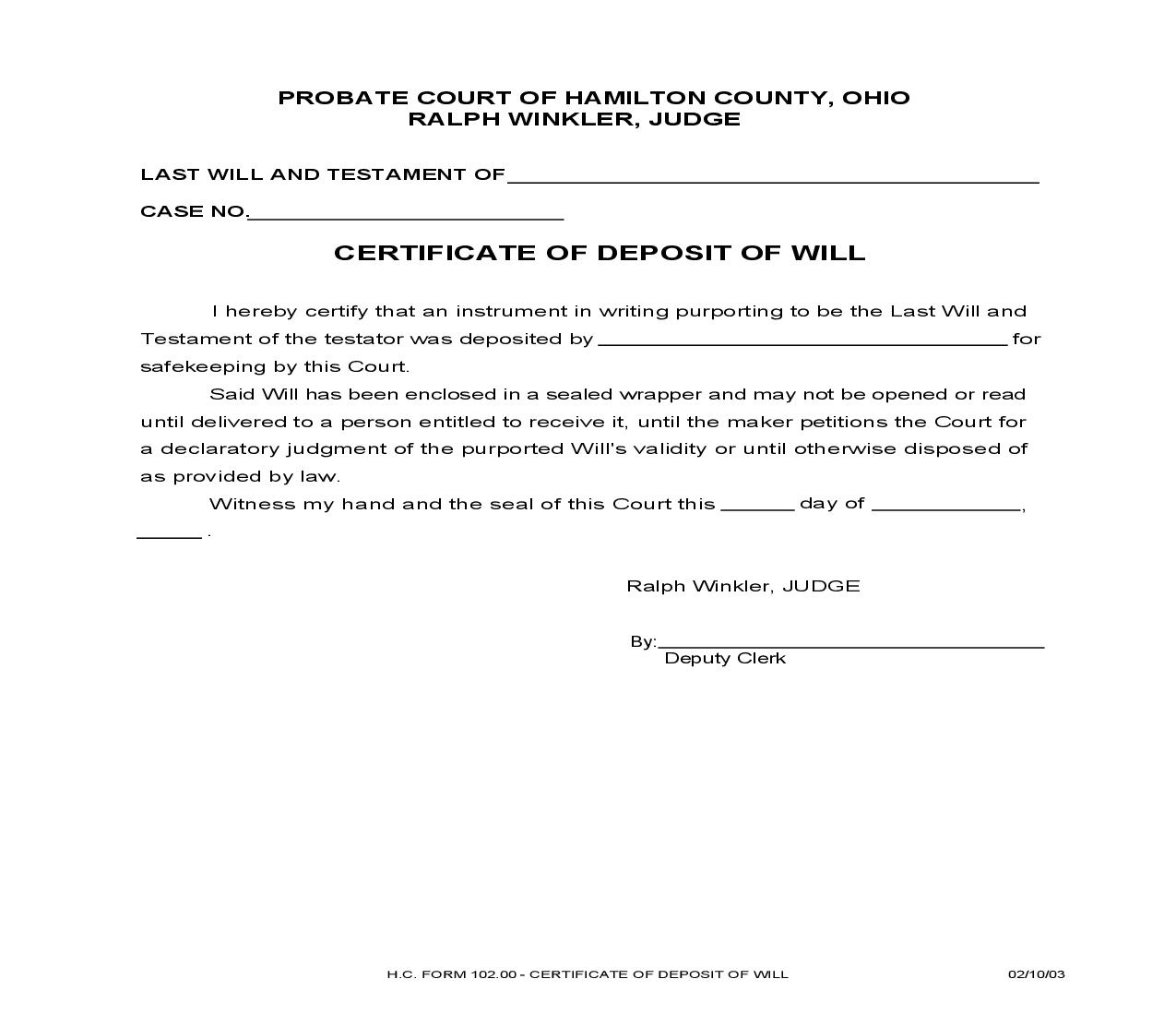 Certificate Of Deposit Of Will {102.00} | Pdf Fpdf Doc Docx | Ohio