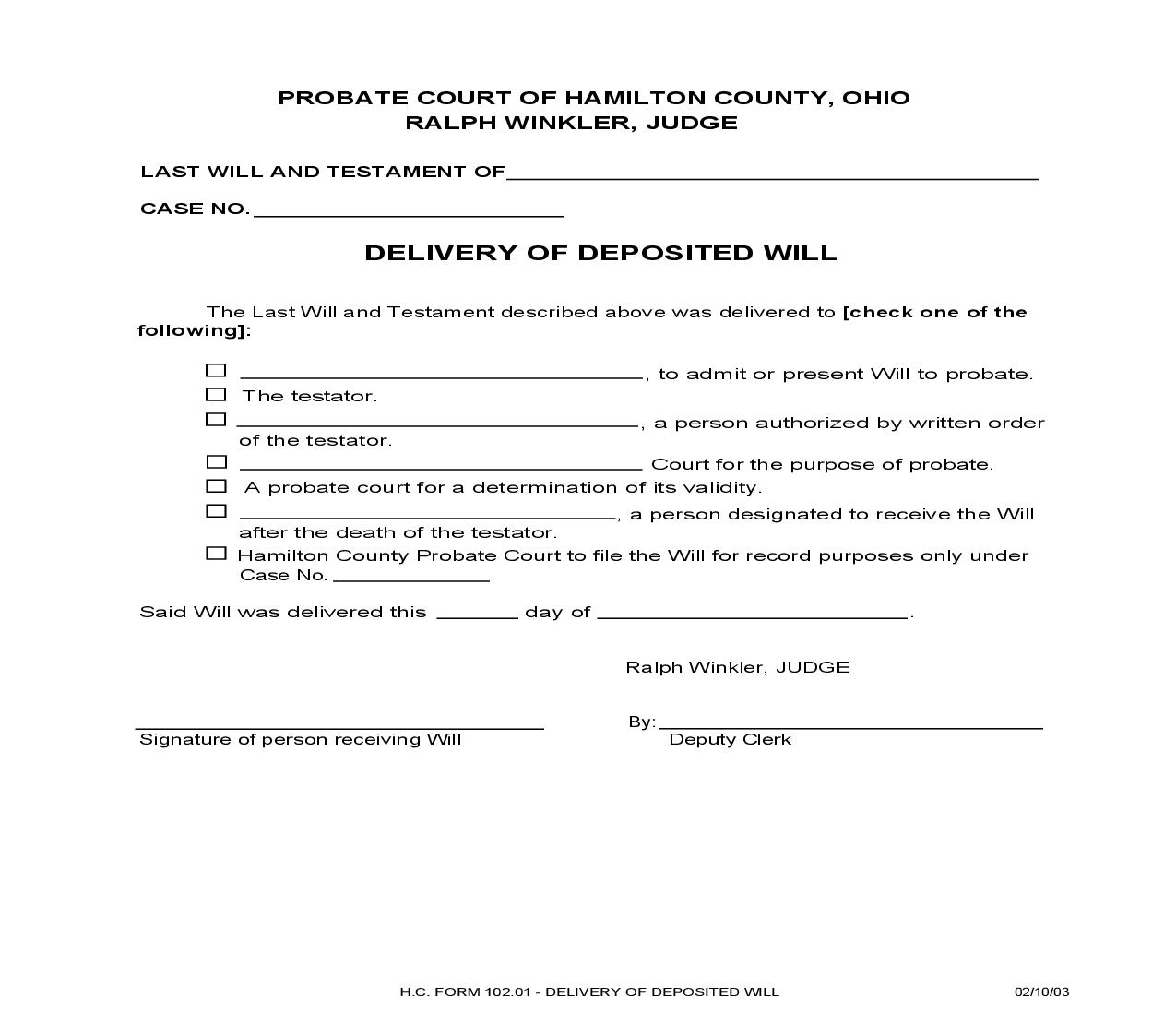 Delivery Of Deposited Will {102.01} | Pdf Fpdf Doc Docx | Ohio