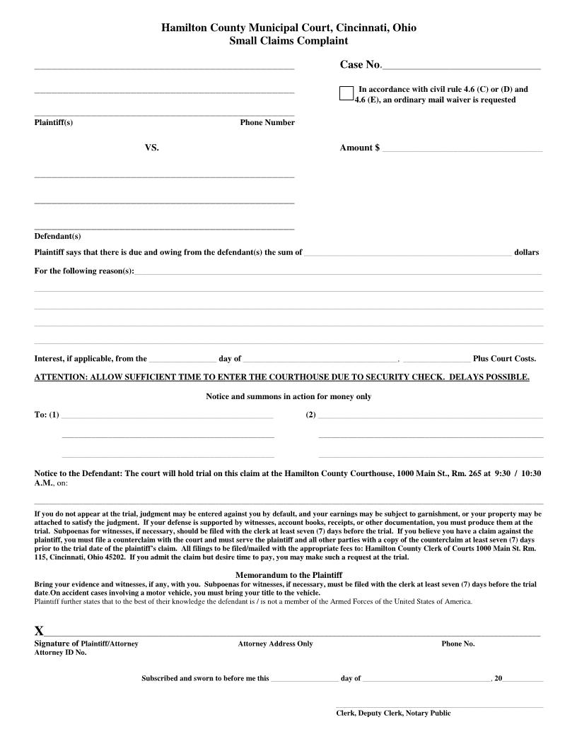 Small Claims Complaint | Pdf Fpdf Doc Docx | Ohio