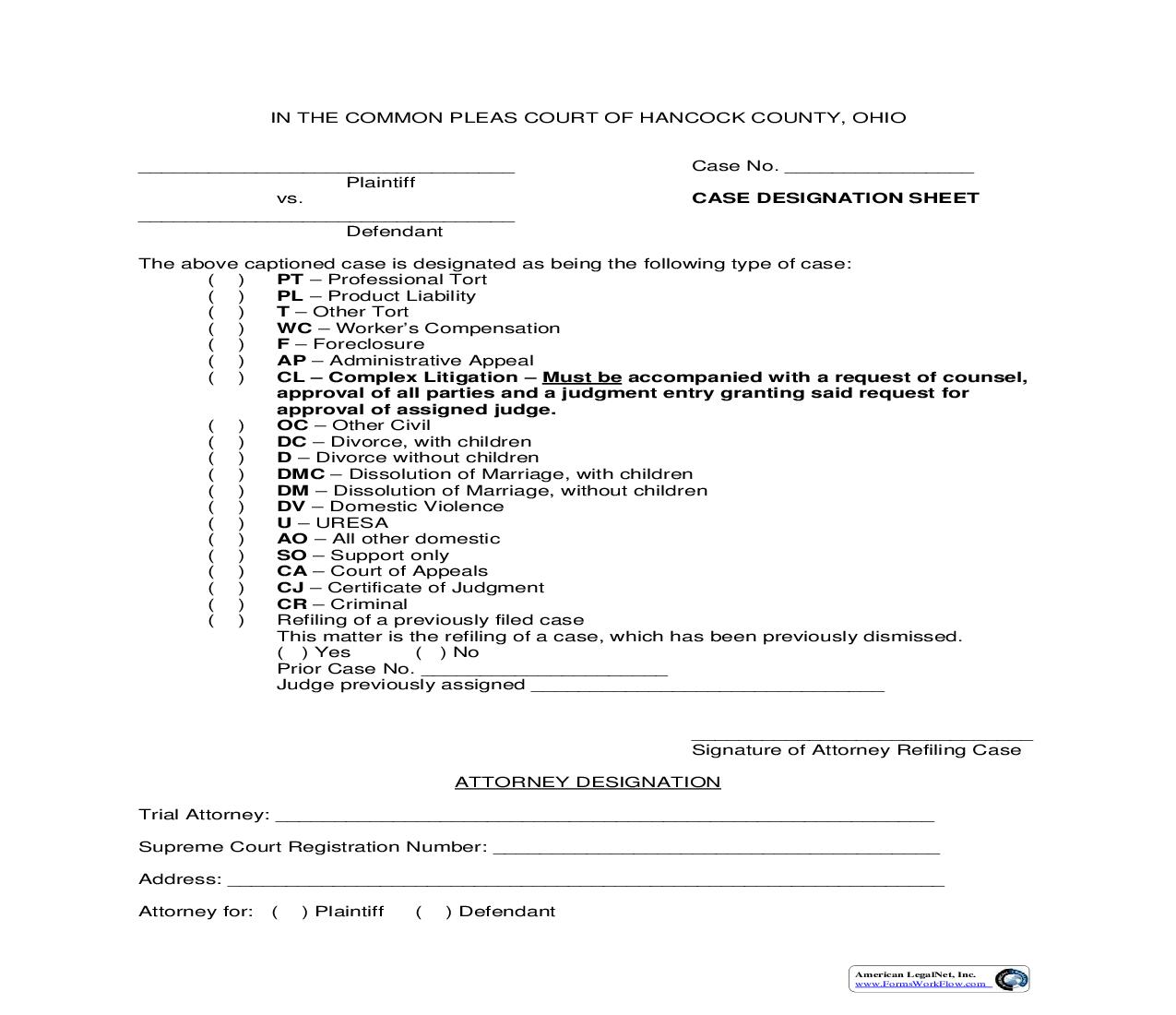 Case Designation Sheet | Pdf Fpdf Doc Docx | Ohio