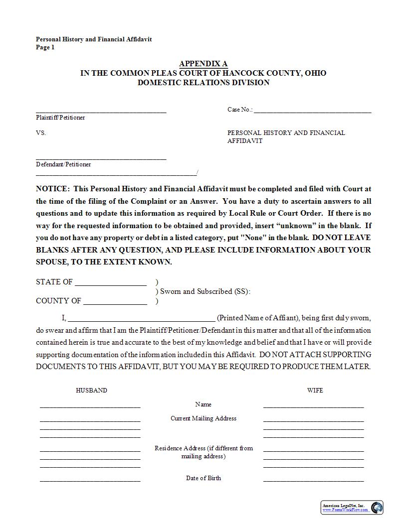 Personal History And Financial Affidavit {Appendix A} | Pdf Fpdf Docx | Ohio