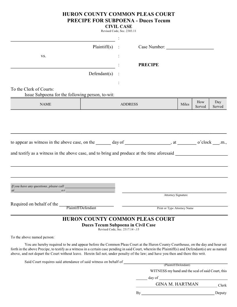 Precipe For Subpoena Duces Tecum | Pdf Fpdf Doc Docx | Ohio