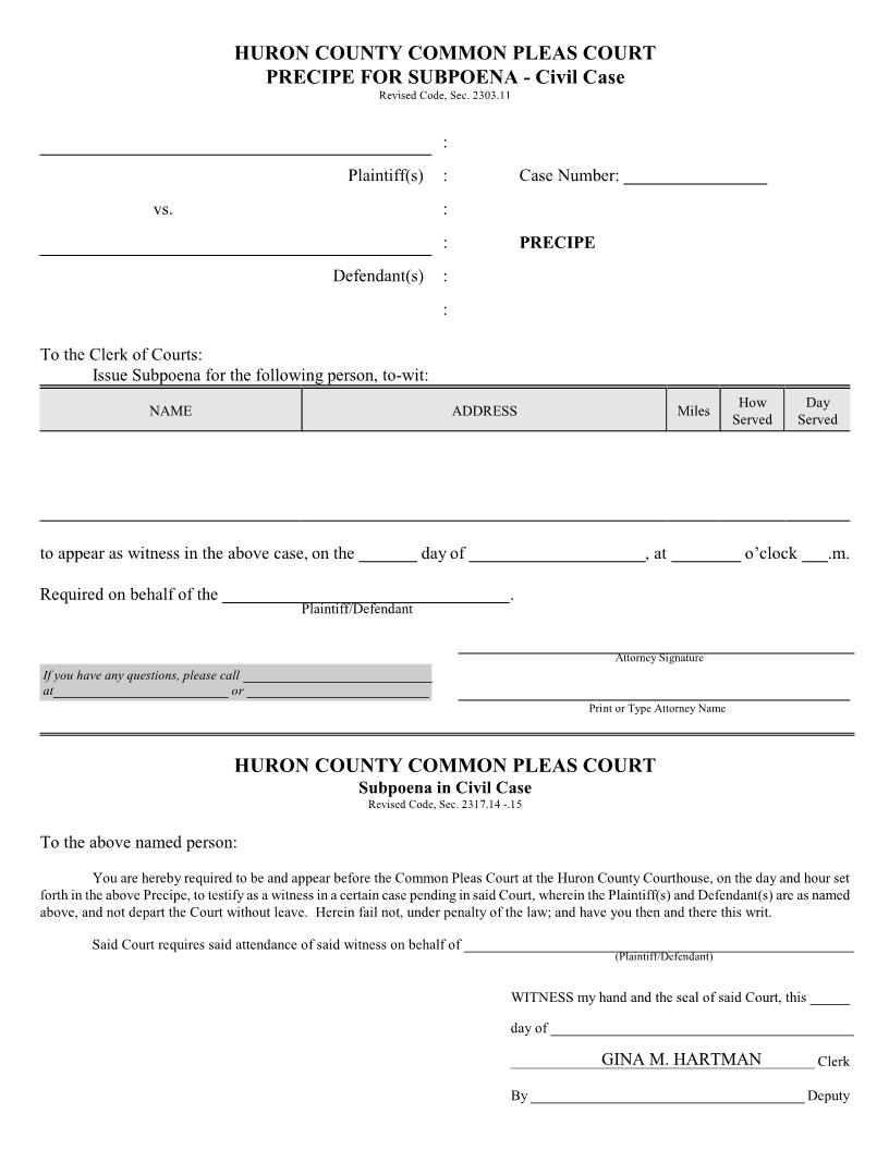 Precipe For Subpoena | Pdf Fpdf Doc Docx | Ohio