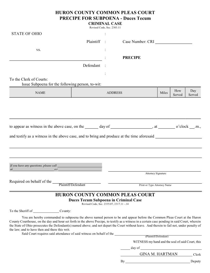 Precipe For Subpoena Duces Tecum | Pdf Fpdf Doc Docx | Ohio