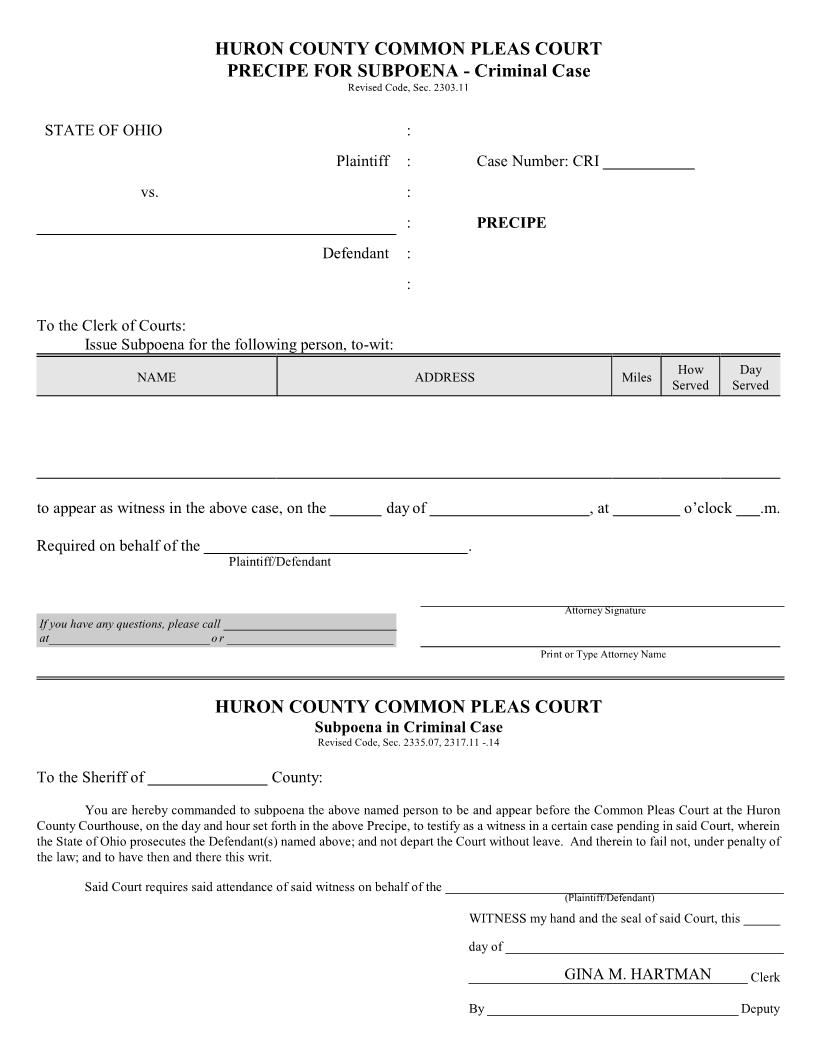 Precipe For Subpoena | Pdf Fpdf Doc Docx | Ohio
