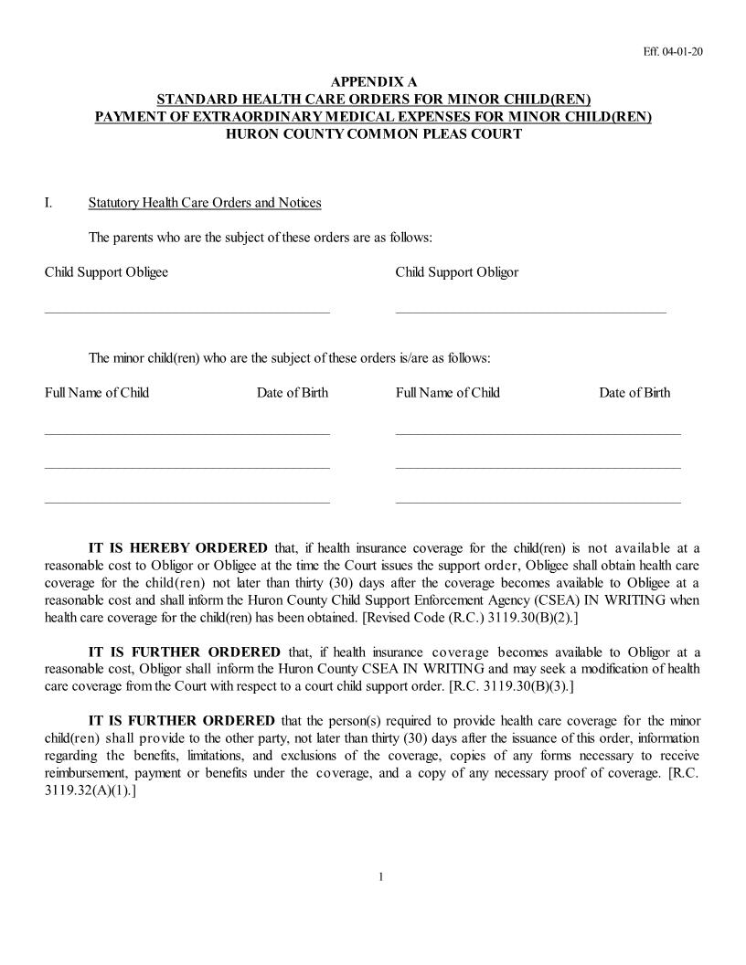Appendix A Standard Health Care Orders For Minor Children Payment Of Extraordinary Expenses For Minor Child | Pdf Fpdf Doc Docx | Ohio