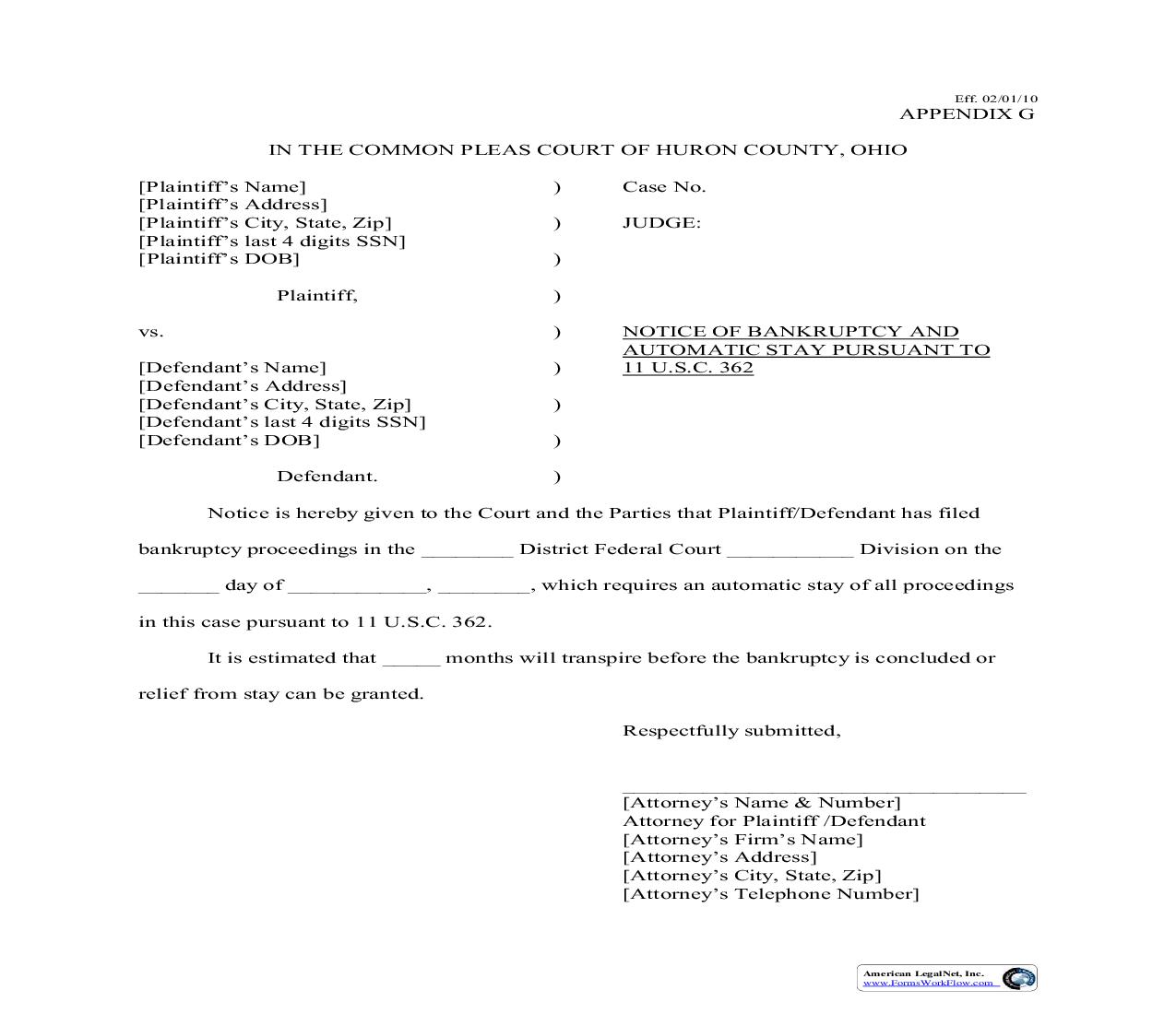 Appendix G Notice Of Bankruptcy And Automatic Stay | Pdf Fpdf Doc Docx | Ohio