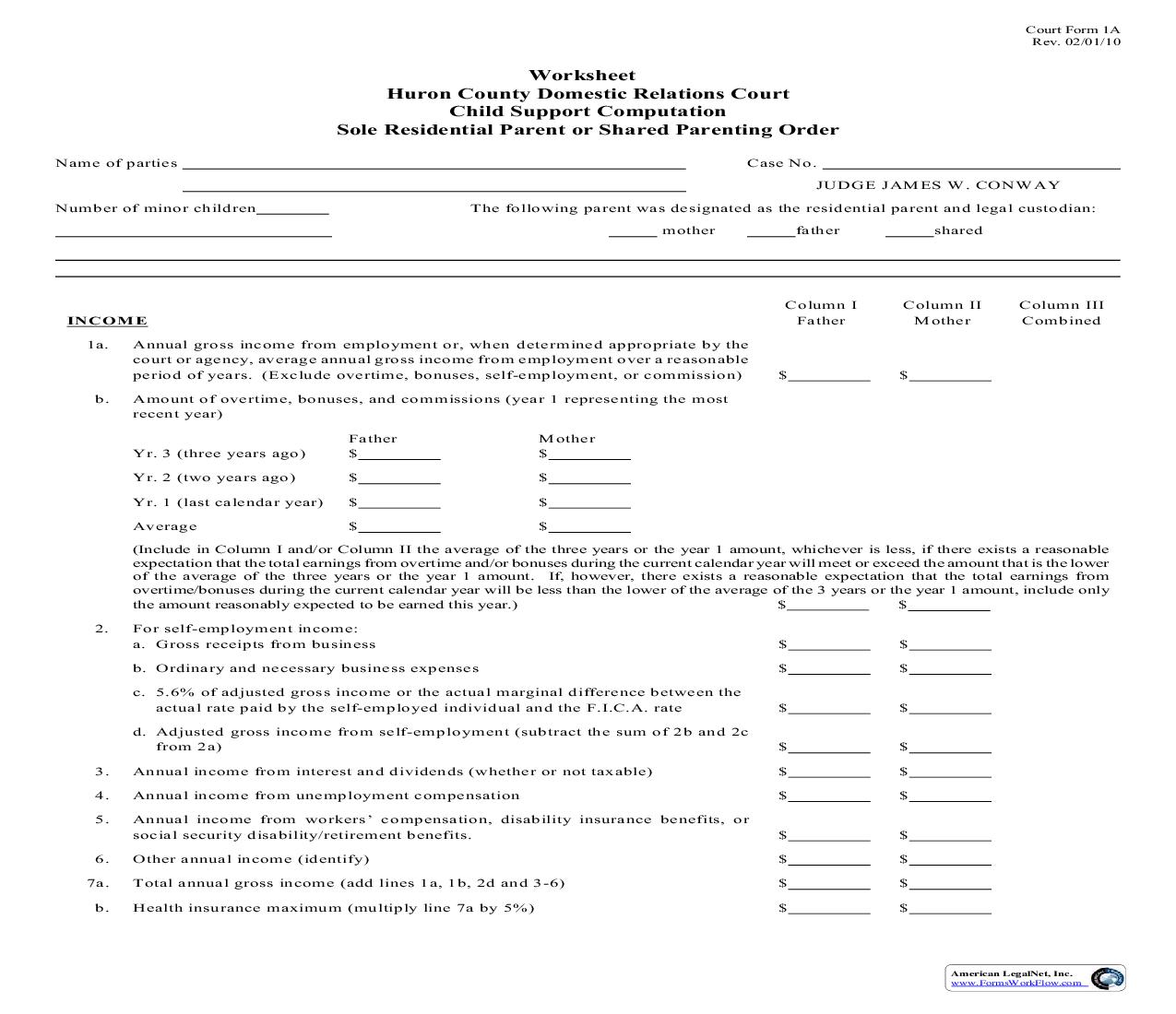 Worksheet Child Support Computation Sole Residential Parent Or Shared Parenting Order {1A} | Pdf Fpdf Doc Docx | Ohio