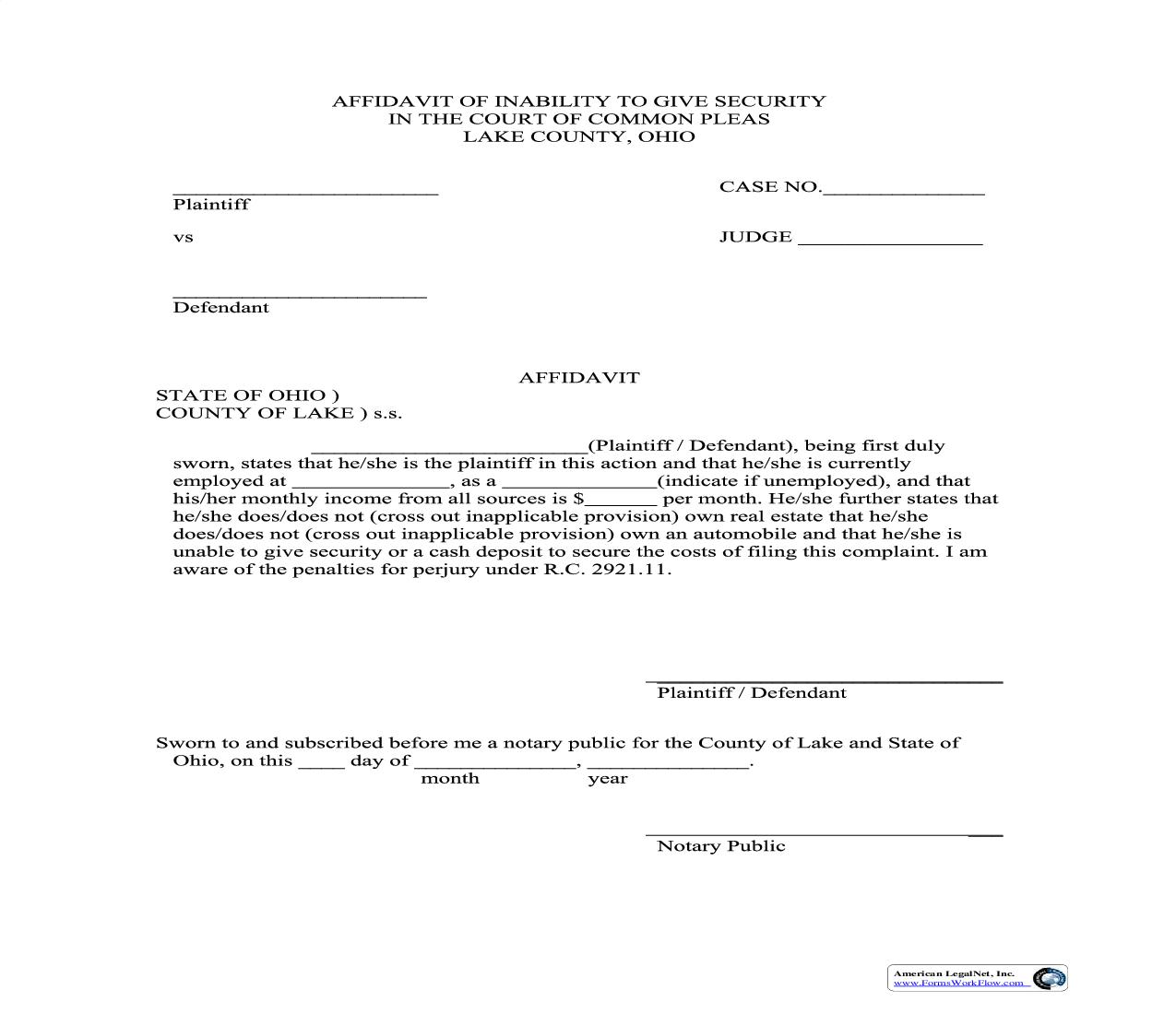 Affidavit Of Inability To Give Security | Pdf Fpdf Doc Docx | Ohio