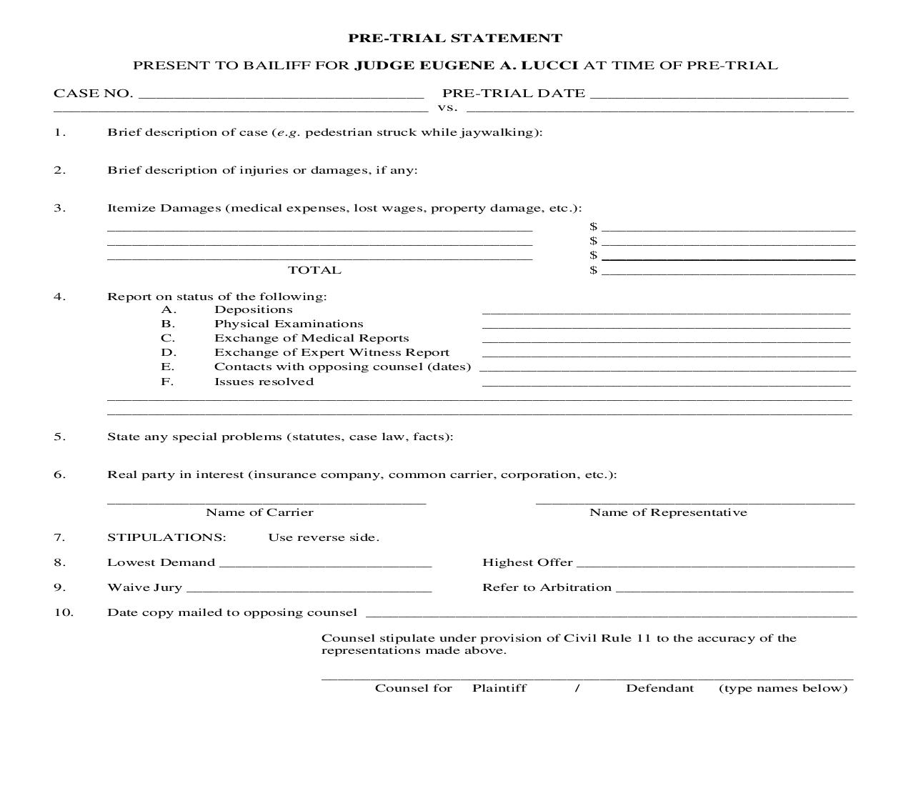 Pre Trial Statement (Judge Eugene A. Lucci) | Pdf Fpdf Doc Docx | Ohio