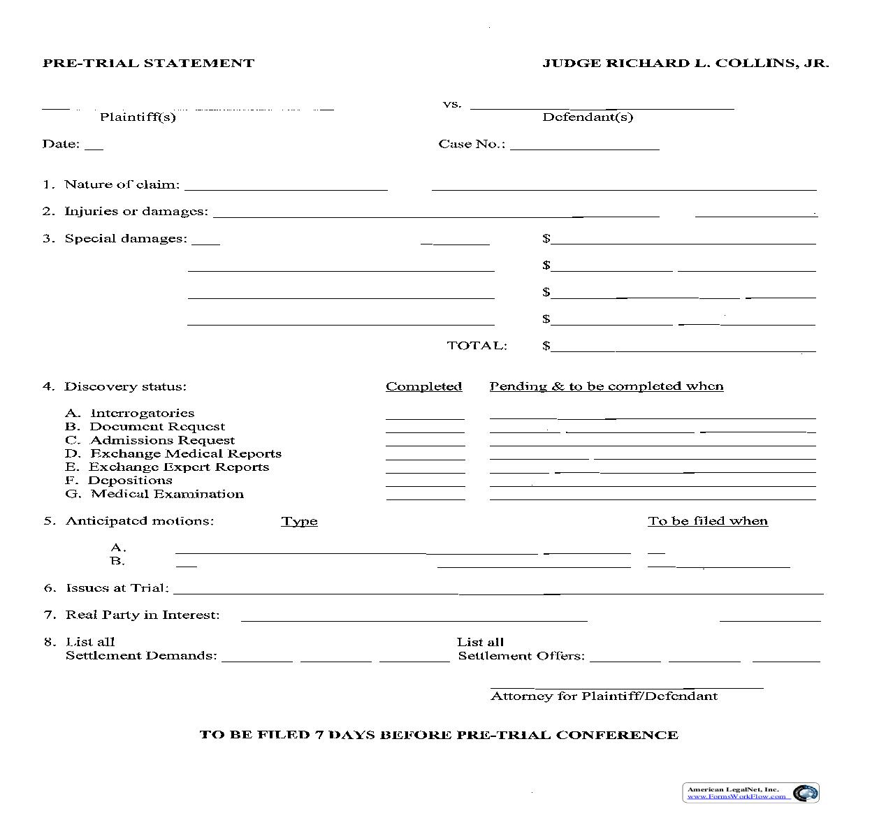 Pre Trial Statement (Judge Richard L.Collins, Jr.) | Pdf Fpdf Doc Docx | Ohio