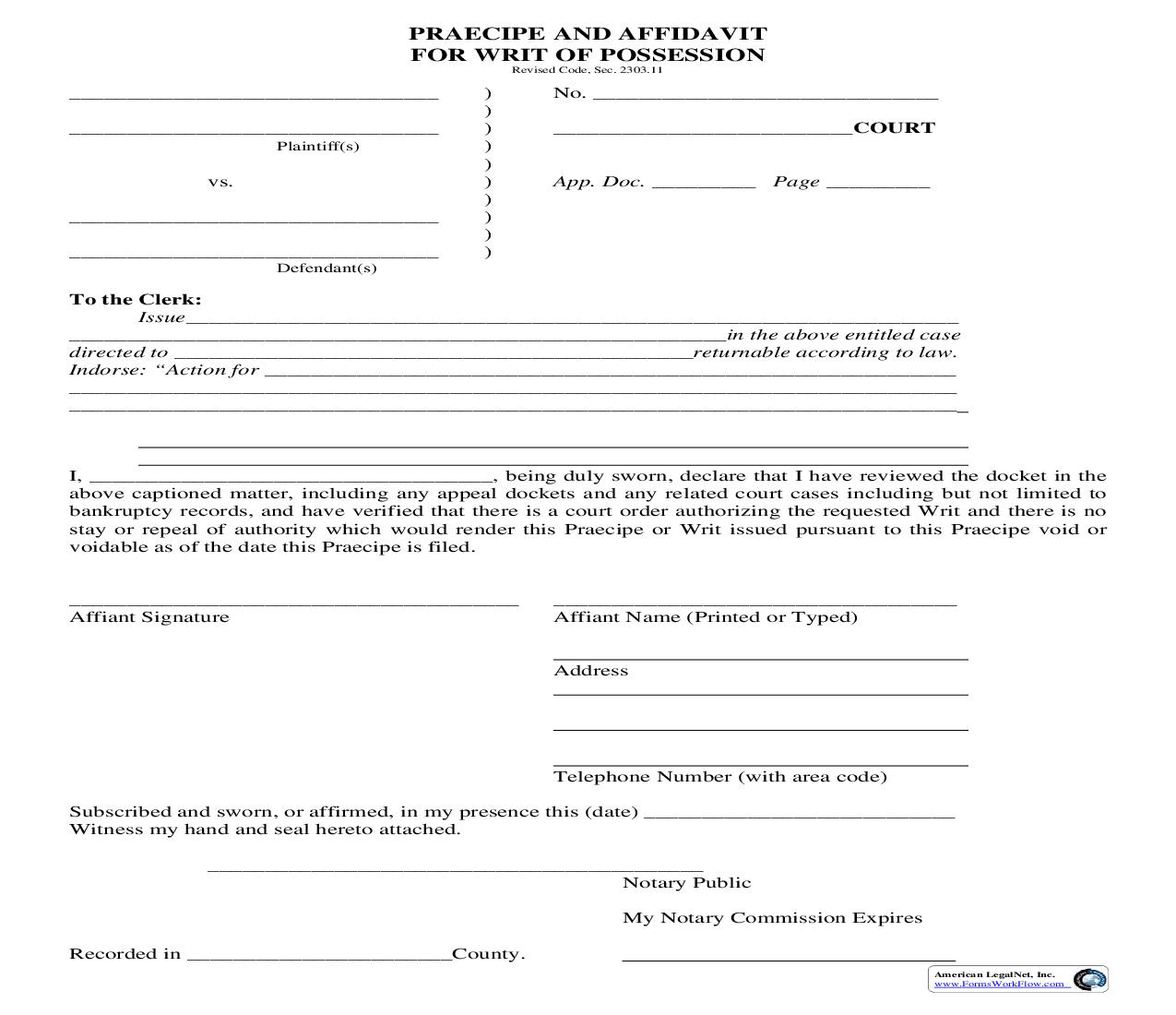 Precipe And Affidavit For Writ Of Possession | Pdf Fpdf Doc Docx | Ohio