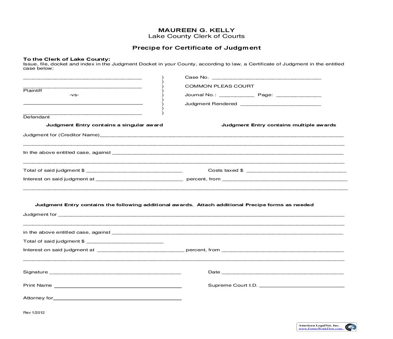 Precipe For Certificate Of Judgment | Pdf Fpdf Docx | Ohio