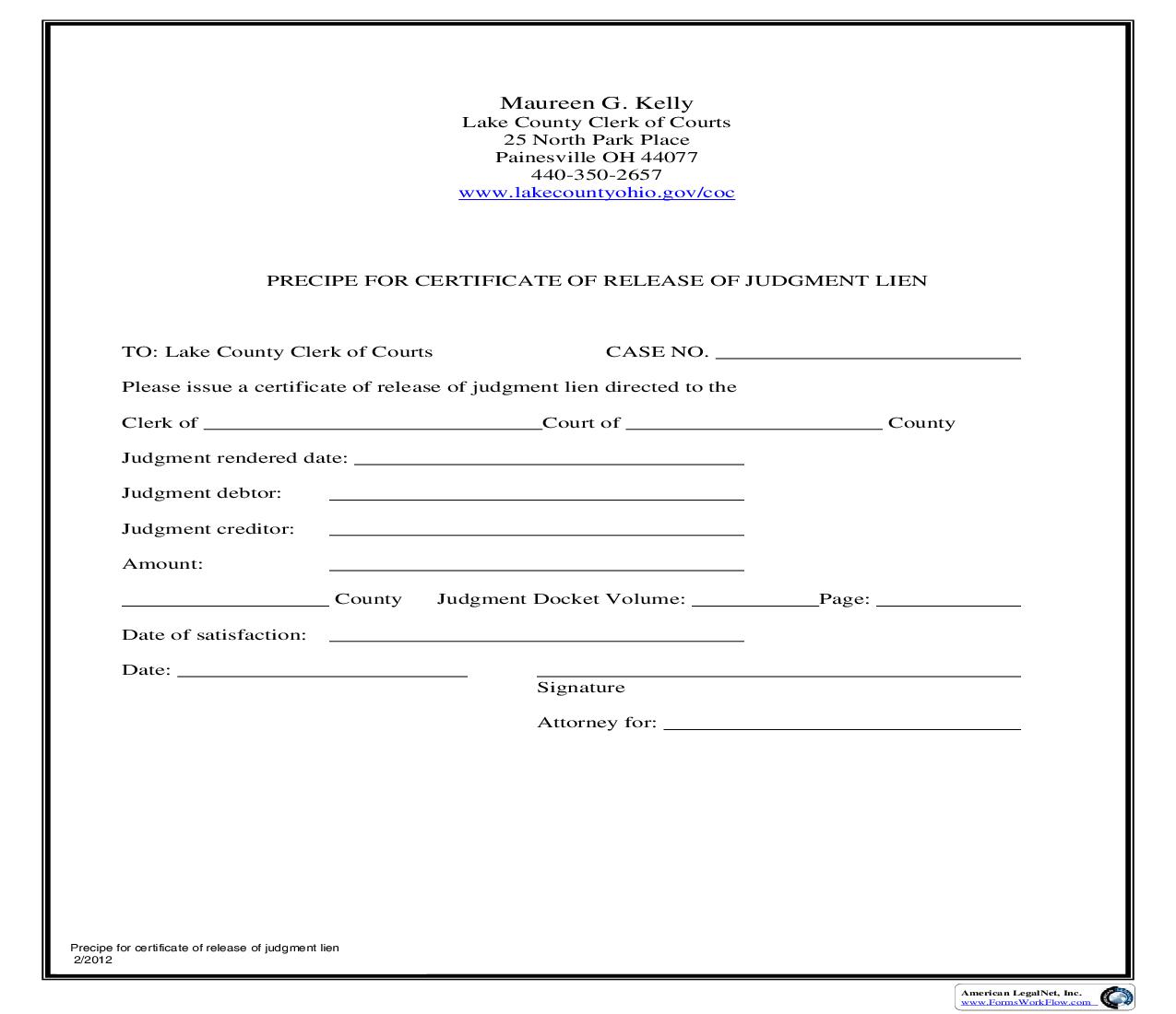Precipe For Certificate Of Release Of Judgment Lien | Pdf Fpdf Doc Docx | Ohio