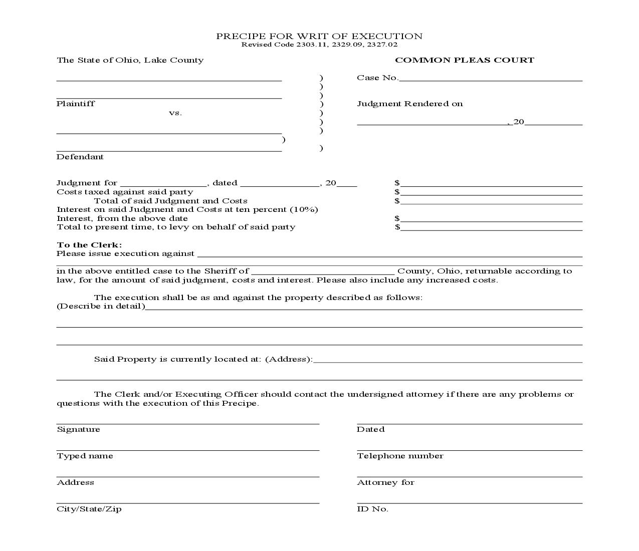 Precipe For Writ Of Execution | Pdf Fpdf Doc Docx | Ohio