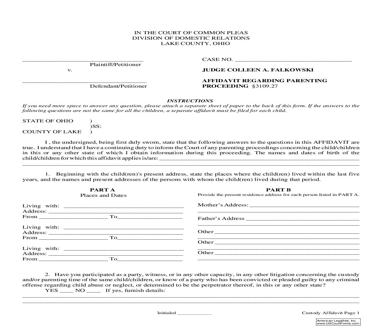 Affidavit Regarding Parenting Proceeding | Pdf Fpdf Doc Docx | Ohio