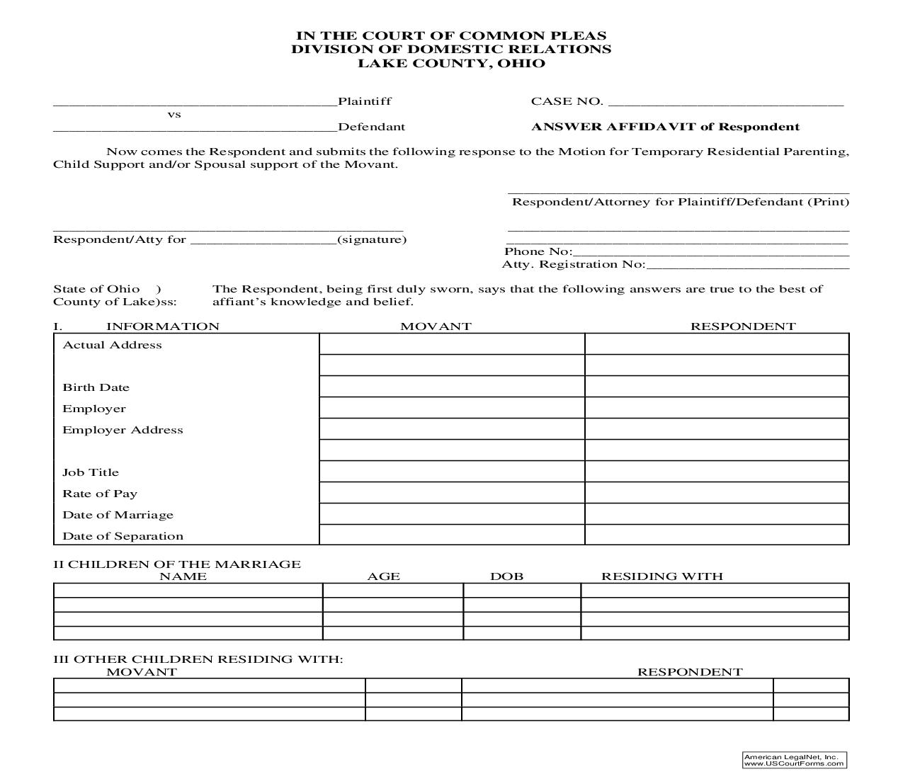 Answer Affidavit Of Respondent | Pdf Fpdf Doc Docx | Ohio
