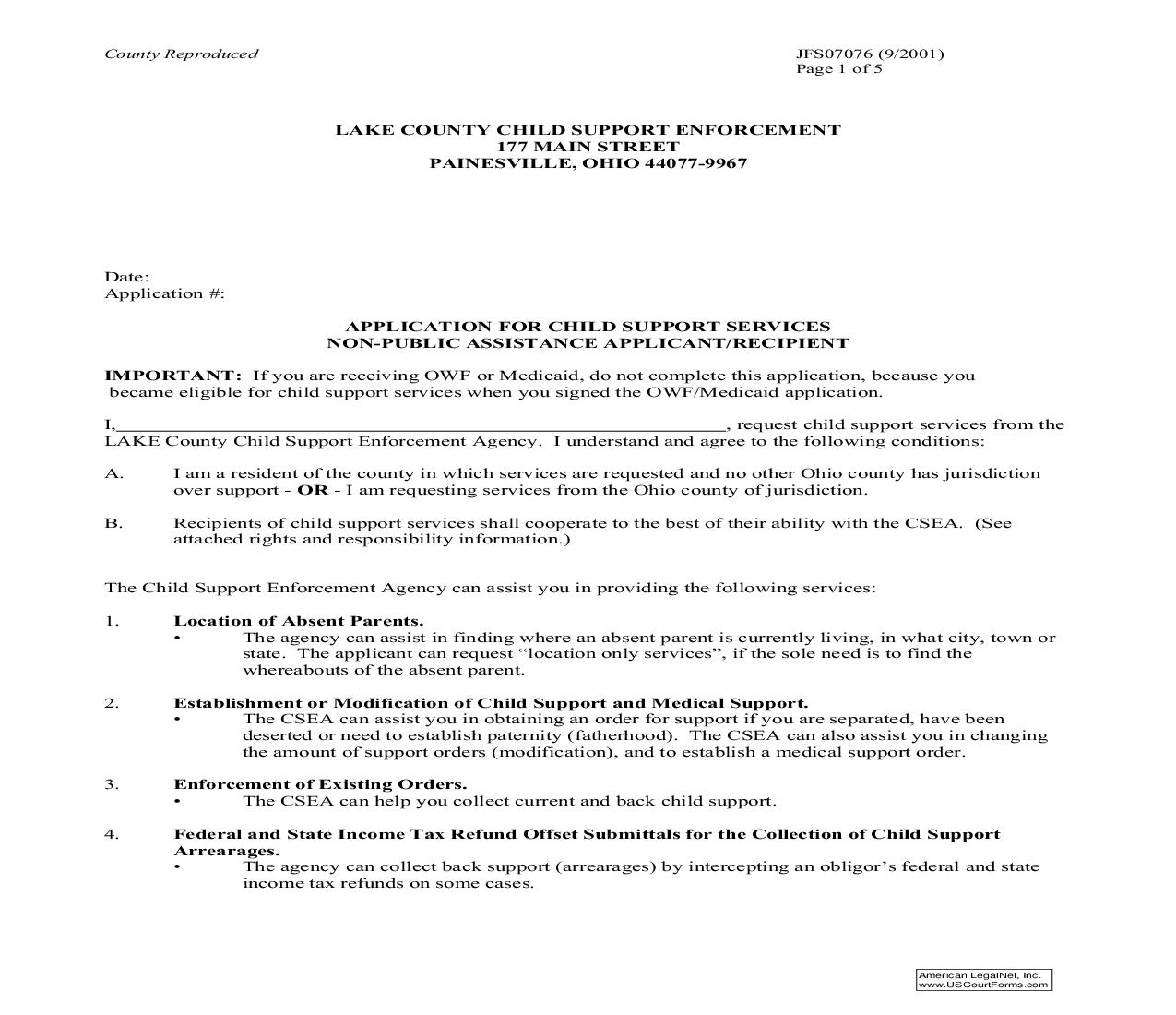 Application For Child Support Services Non Public Assistance Applicant Recipient | Pdf Fpdf Doc Docx | Ohio