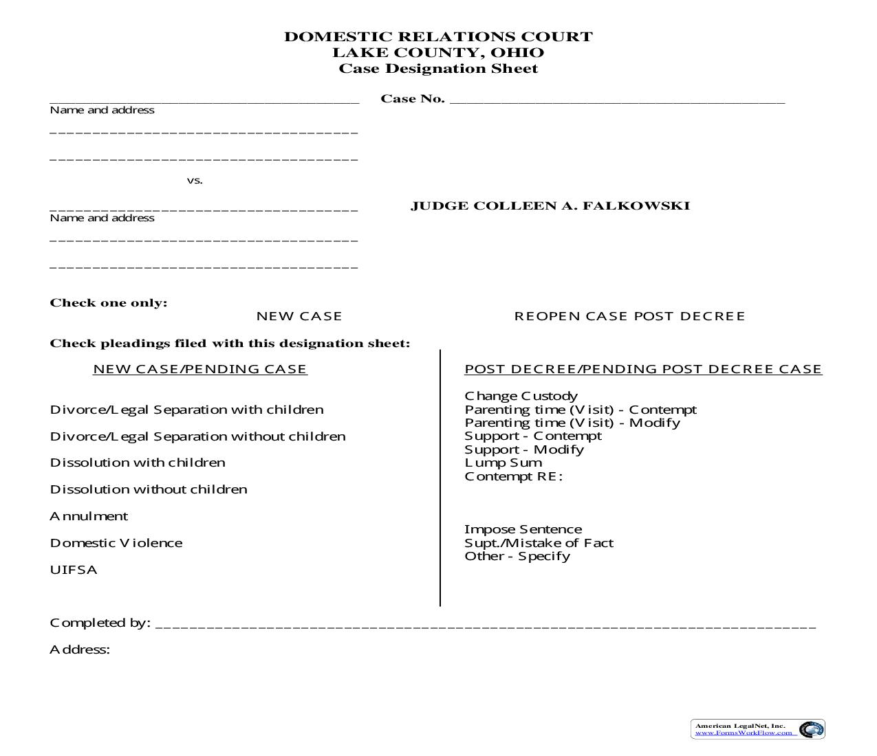 Case Designation Sheet (Domestic Relations) | Pdf Fpdf Doc Docx | Ohio