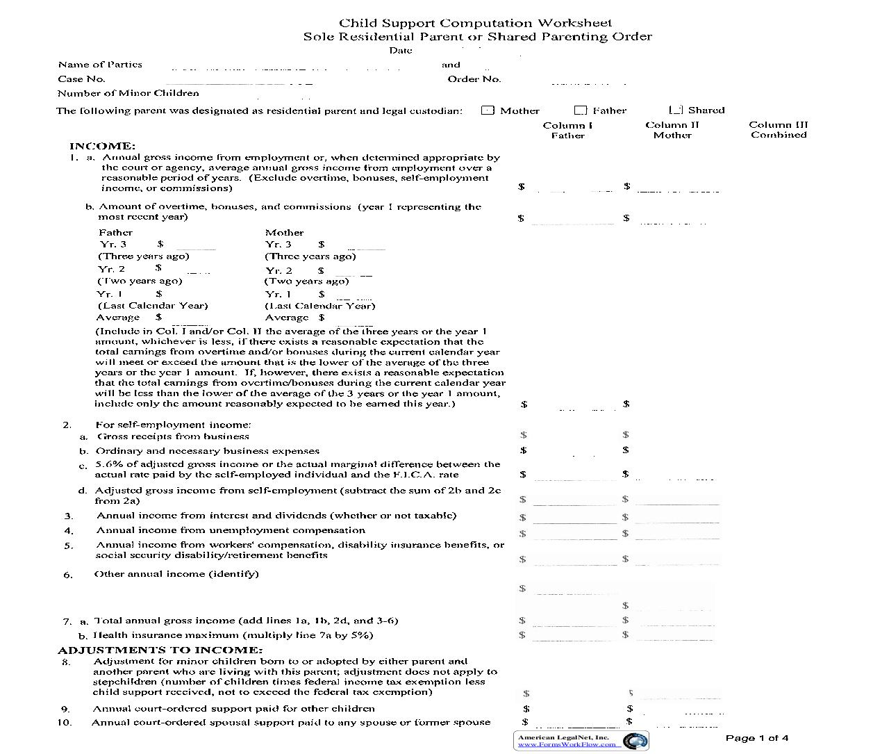 Child Support Computation Sole Residential Parent Or Shared Parenting Order | Pdf Fpdf Doc Docx | Ohio