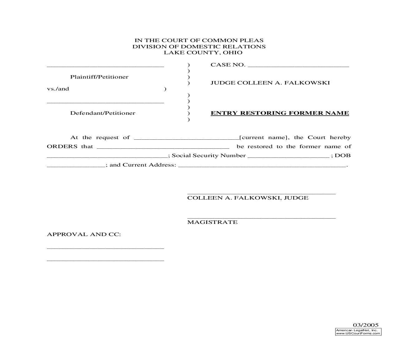 Entry Restoring Former Name | Pdf Fpdf Doc Docx | Ohio