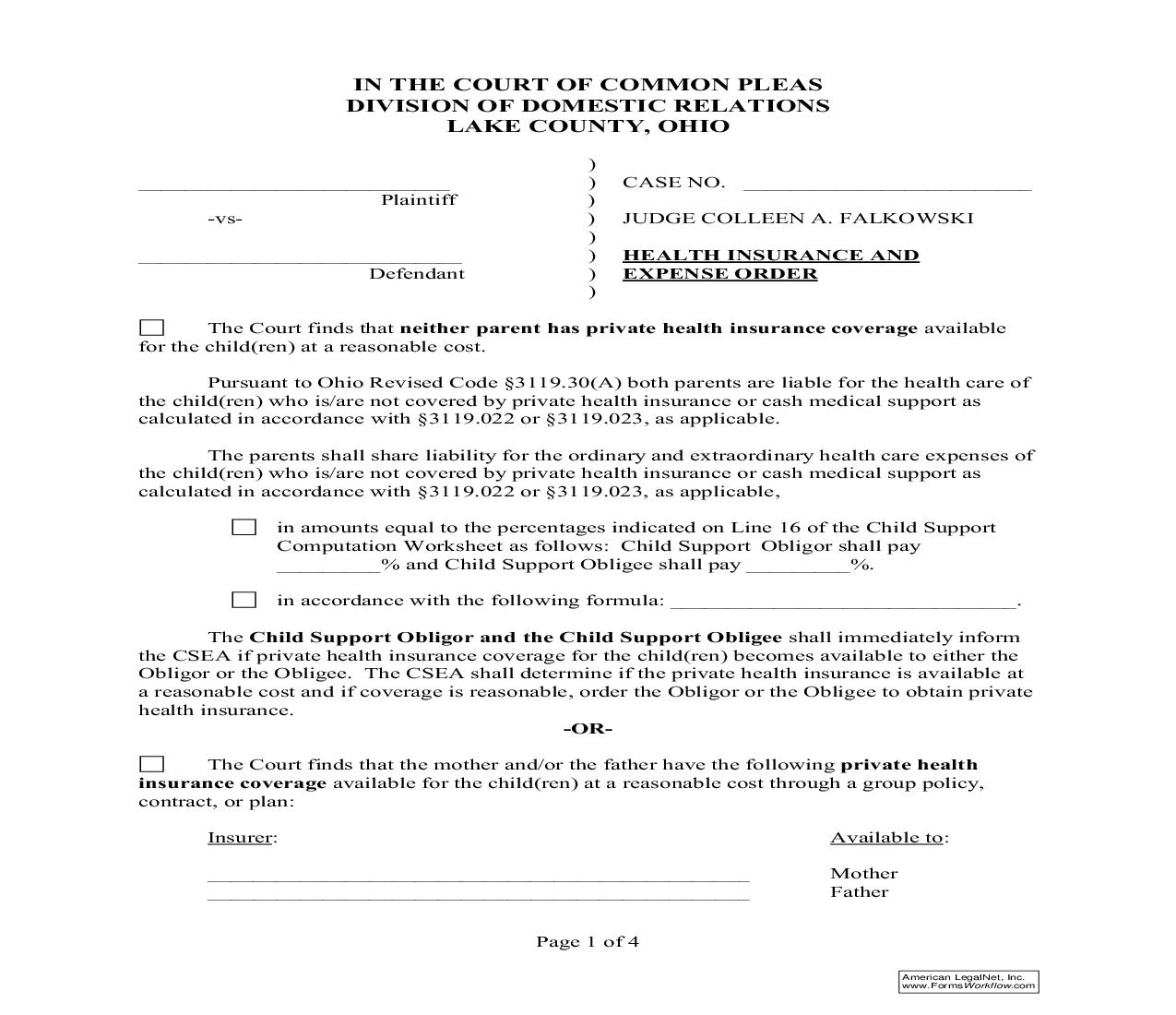 Health Insurance And Expense Orders | Pdf Fpdf Doc Docx | Ohio