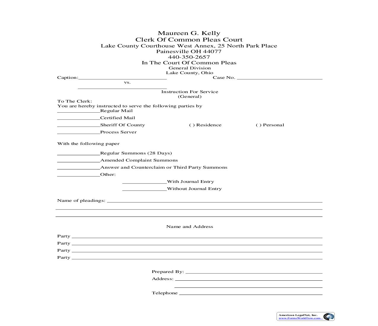 Instruction For Service (Motion) | Pdf Fpdf Doc Docx | Ohio