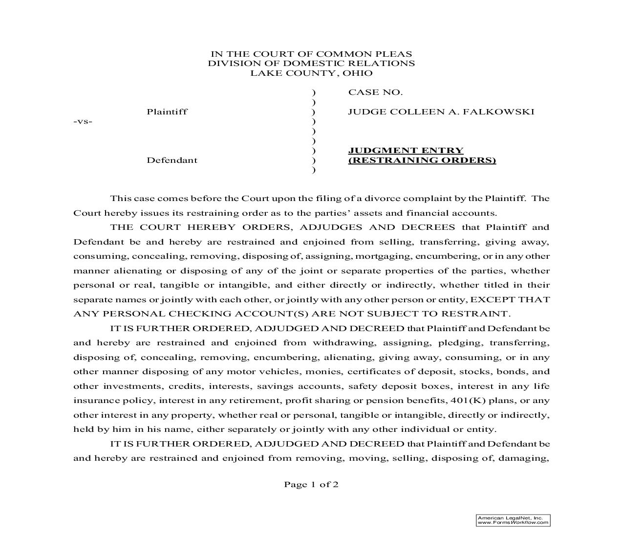 Judgment Entry (Restraining Orders) | Pdf Fpdf Doc Docx | Ohio
