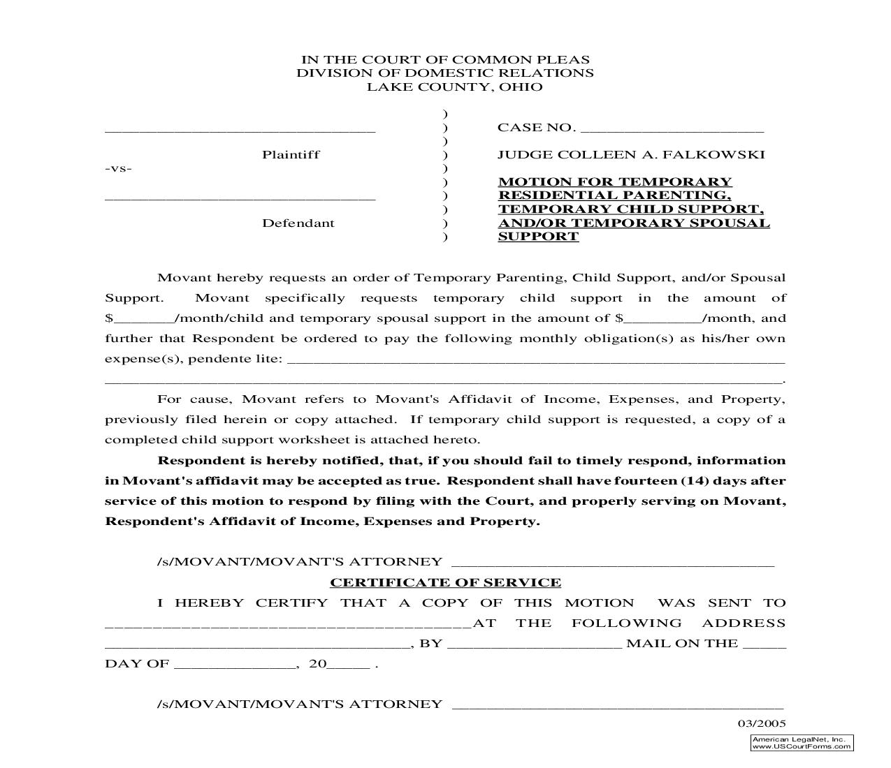 Motion For Temporary Residential Parenting Temporary Child Support And Or Temporary Spousal Support | Pdf Fpdf Doc Docx | Ohio