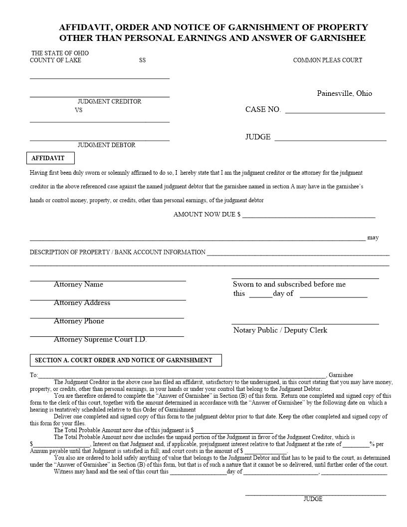 Affidavit Order And Notice Of Garnishment Of Property Other Than | Pdf Fpdf Doc Docx | Ohio
