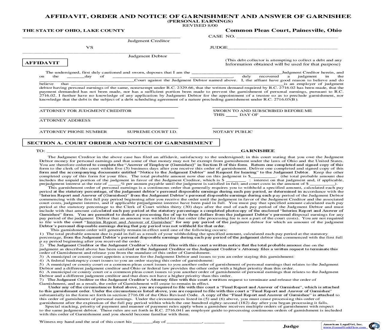 Affidavit, Order And Notice Of Garnishment (Personal Earnings) | Pdf Fpdf Doc Docx | Ohio